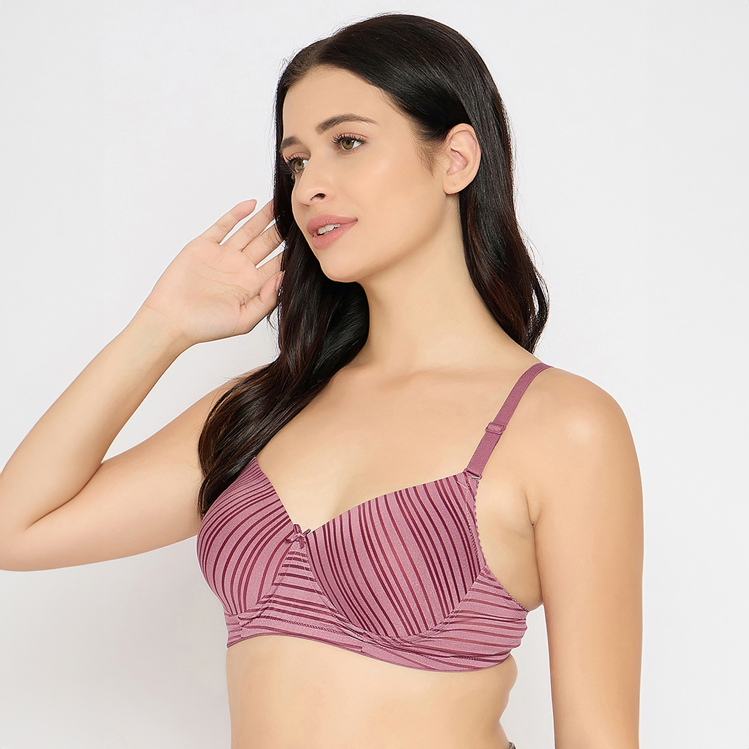 Clovia Padded Non-Wired Full Coverage Self Striped Women's Multiway T-Shirt Bra in Mauve-women-clothing-lingerie-bras-image-2