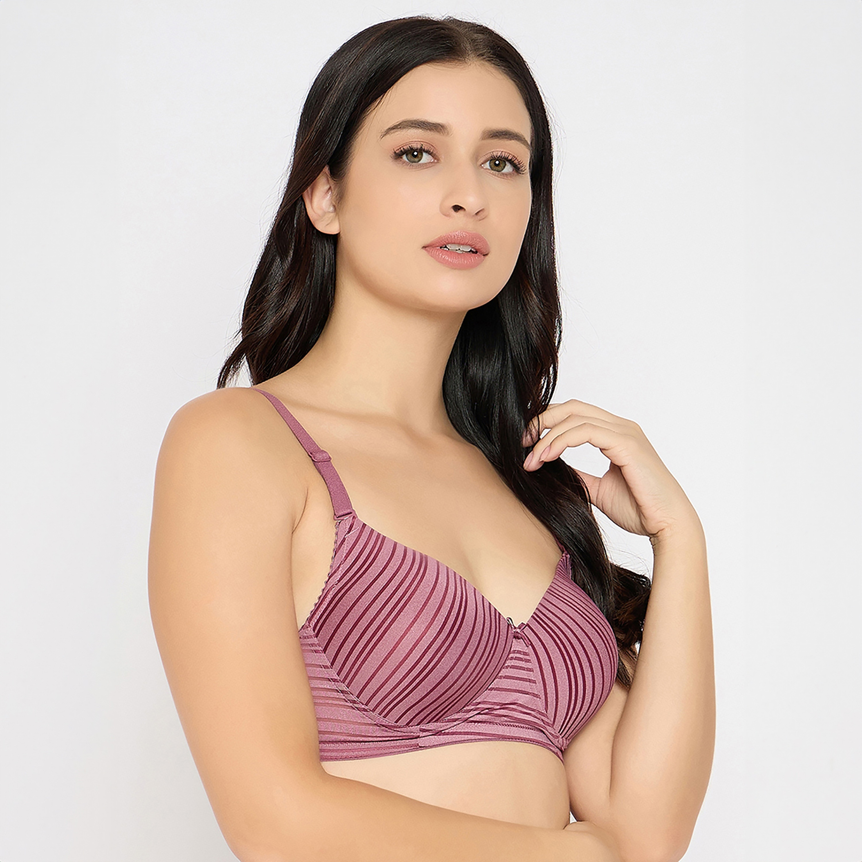 Clovia Padded Non-Wired Full Coverage Self Striped Women's Multiway T-Shirt Bra in Mauve-women-clothing-lingerie-bras-image-3
