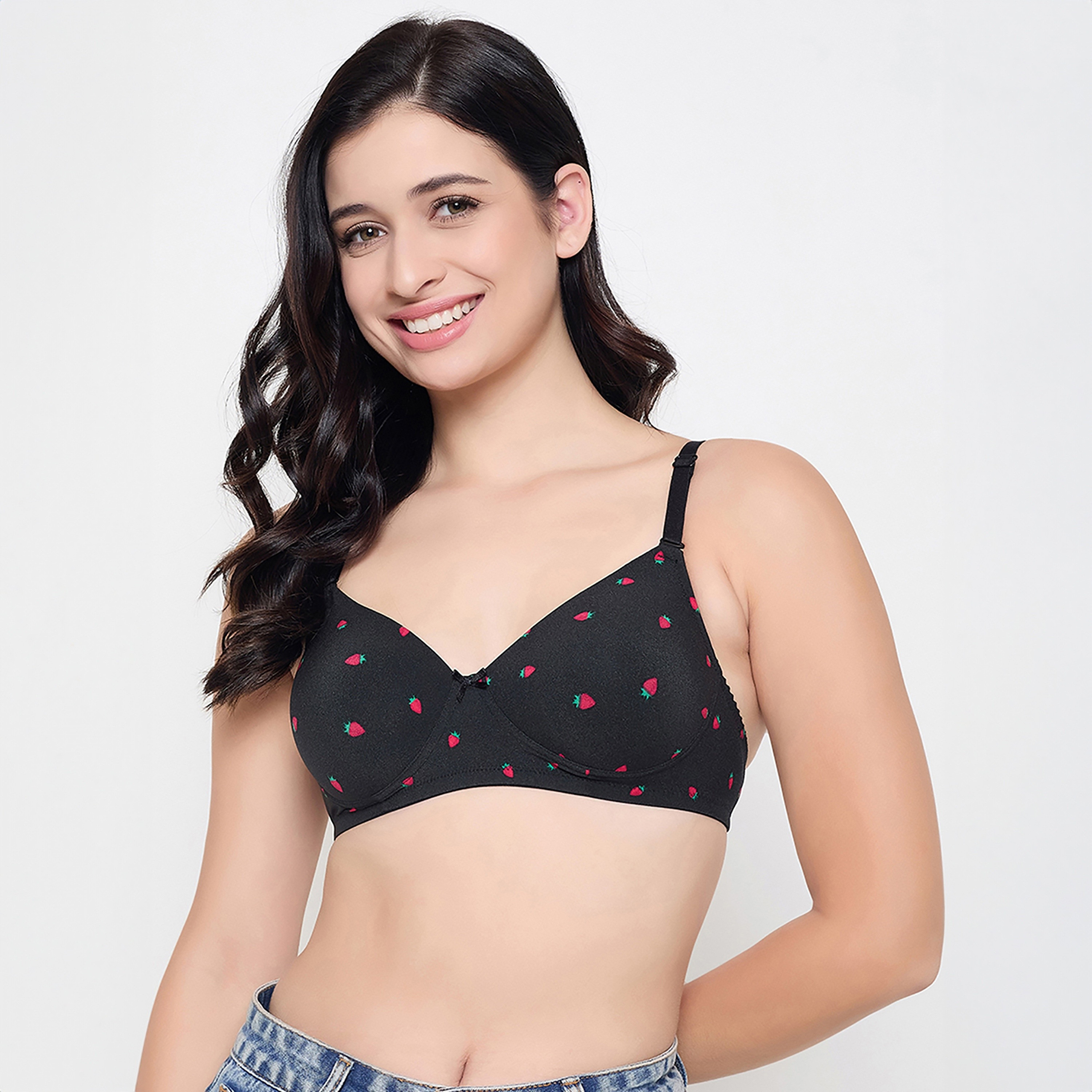 Clovia Padded Non-Wired Full Coverage Strawberry Printed Women's Multiway T-Shirt Bra in Black-women-clothing-lingerie-bras-image-1