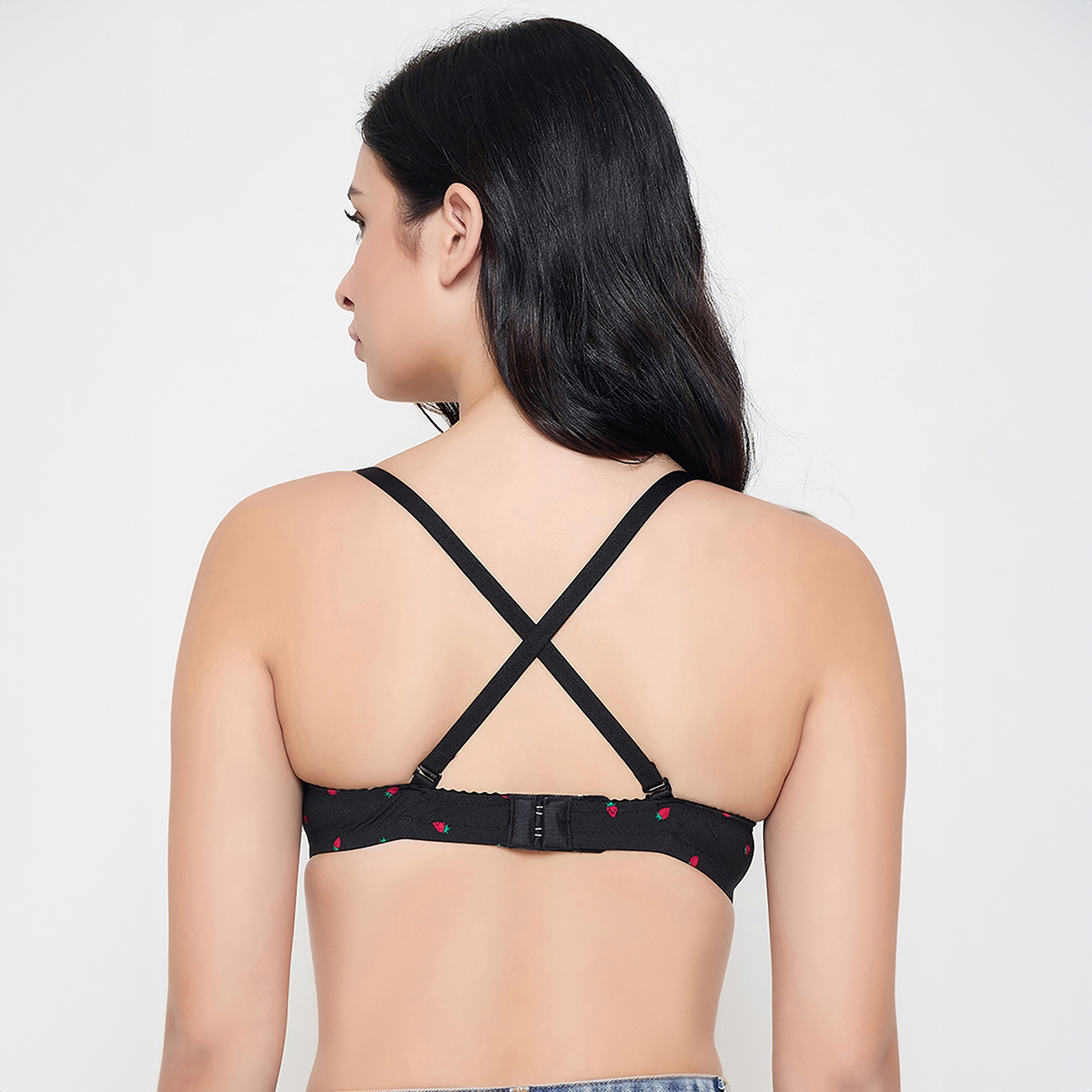 Clovia Padded Non-Wired Full Coverage Strawberry Printed Women's Multiway T-Shirt Bra in Black-women-clothing-lingerie-bras-image-4