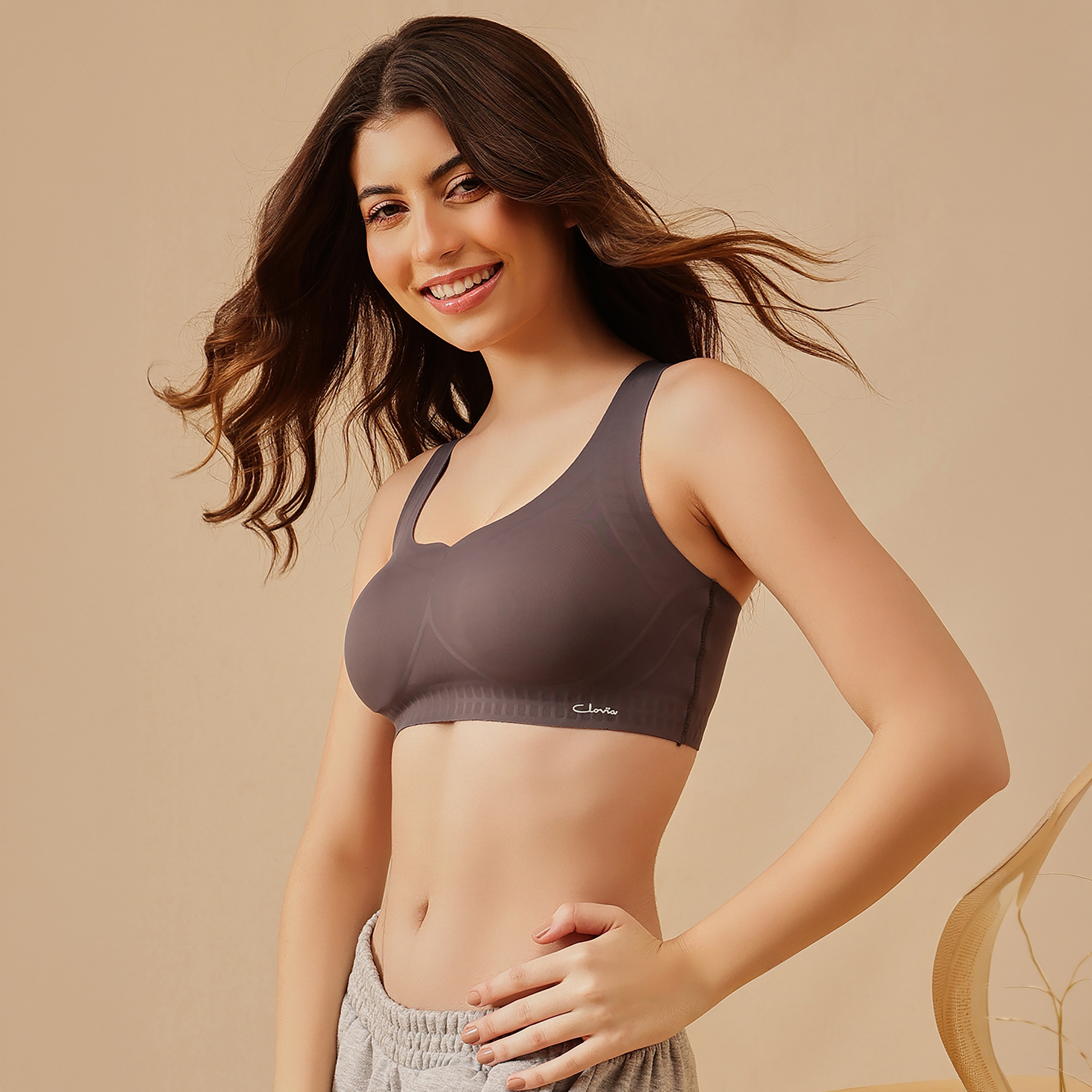 Clovia Seamless Bonded Padded Non-Wired Full Coverage Slip-On Women's Bra in Dark Grey-women-clothing-lingerie-bras-image-2