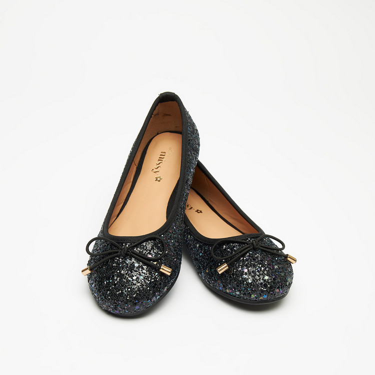 Little Missy Glitter Textured Round Toe Ballerina Shoes with Bow Accent