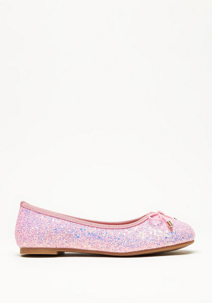 Little Missy Glitter Textured Round Toe Ballerina Shoes with Bow Accent