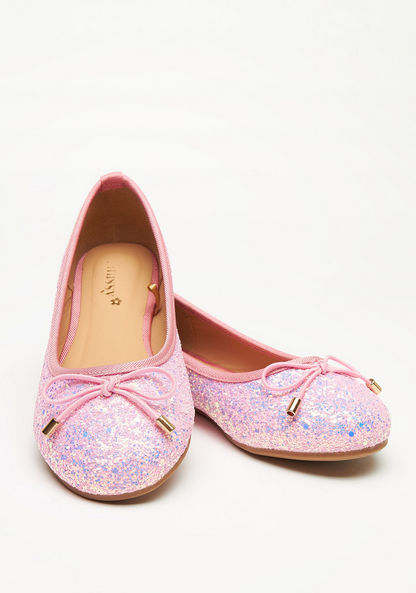 Little Missy Glitter Textured Round Toe Ballerina Shoes with Bow Accent-Girl%27s Ballerinas-image-3