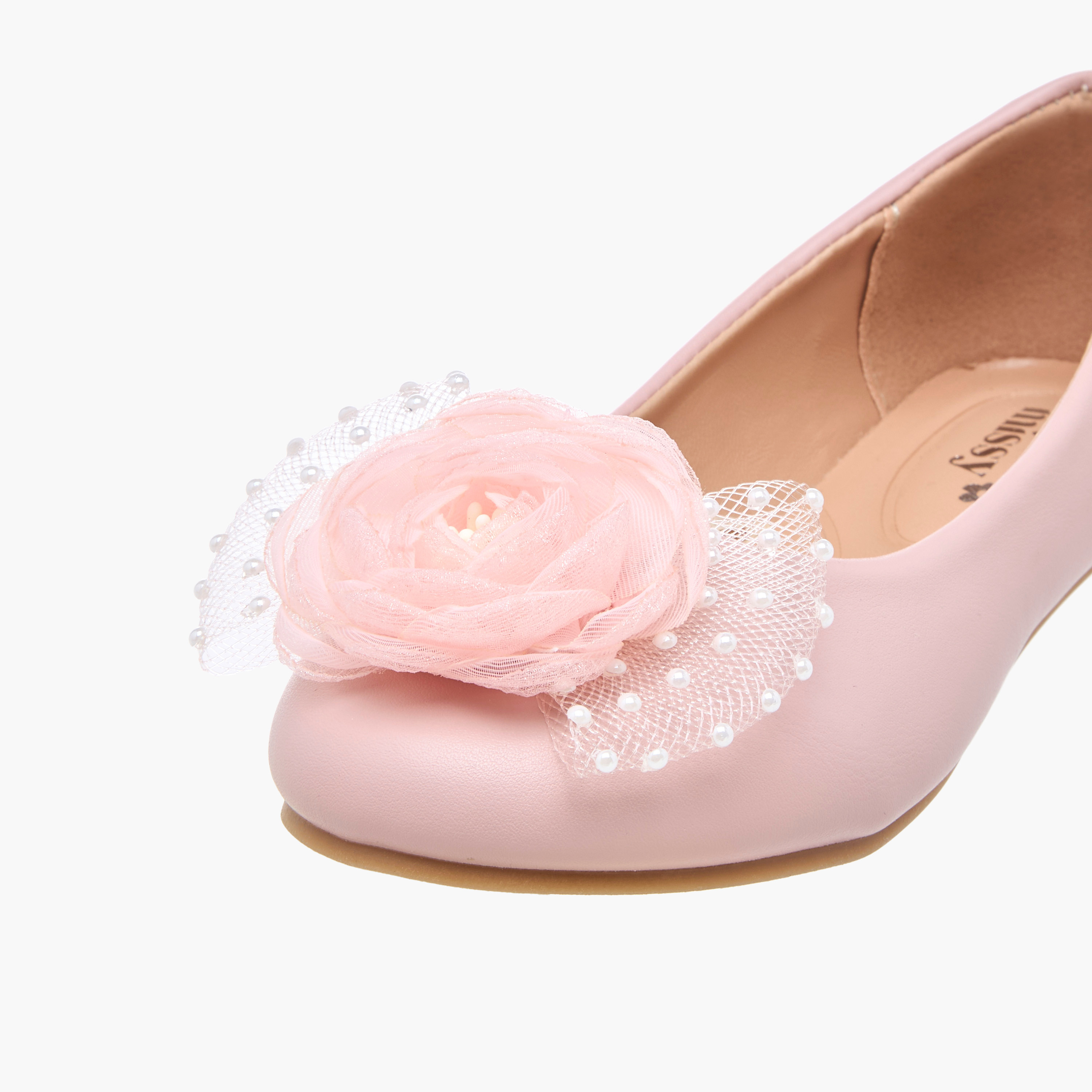 Little Missy Pearl Embellished Ballerina Shoes with Flower Applique-girls-shoes-ballerinas-image-6