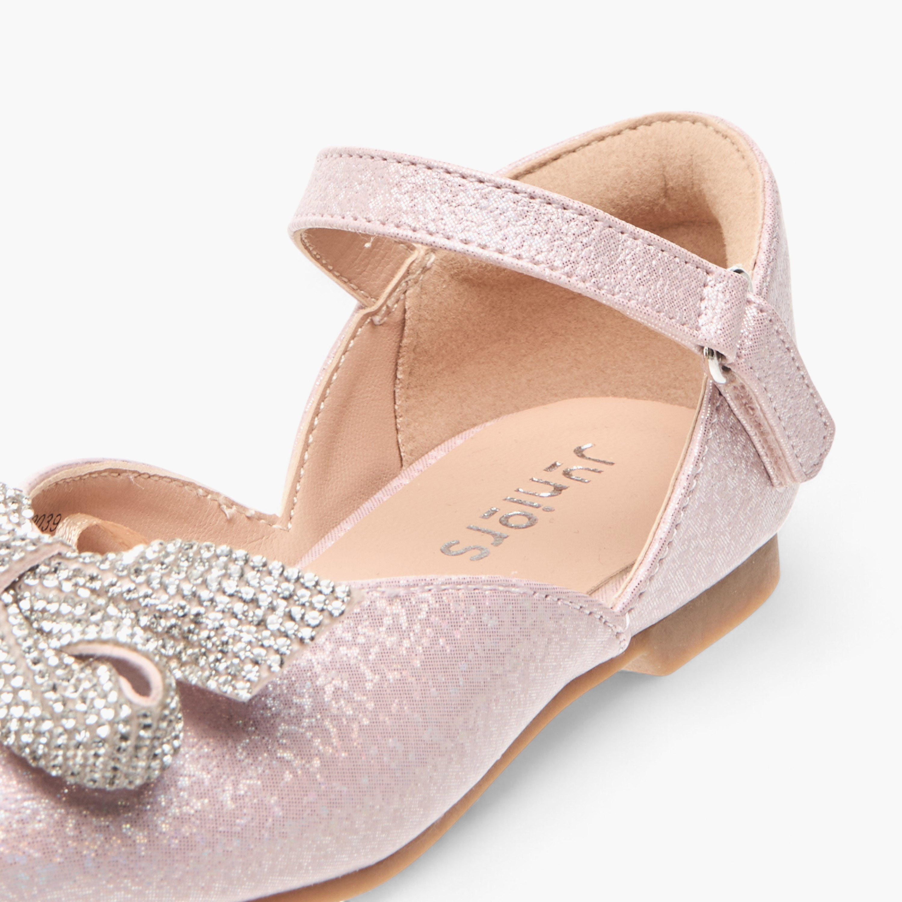 Juniors Embellished Bow Ballerina Shoes with Hook and Loop Closure-girls-shoes-ballerinas-image-6