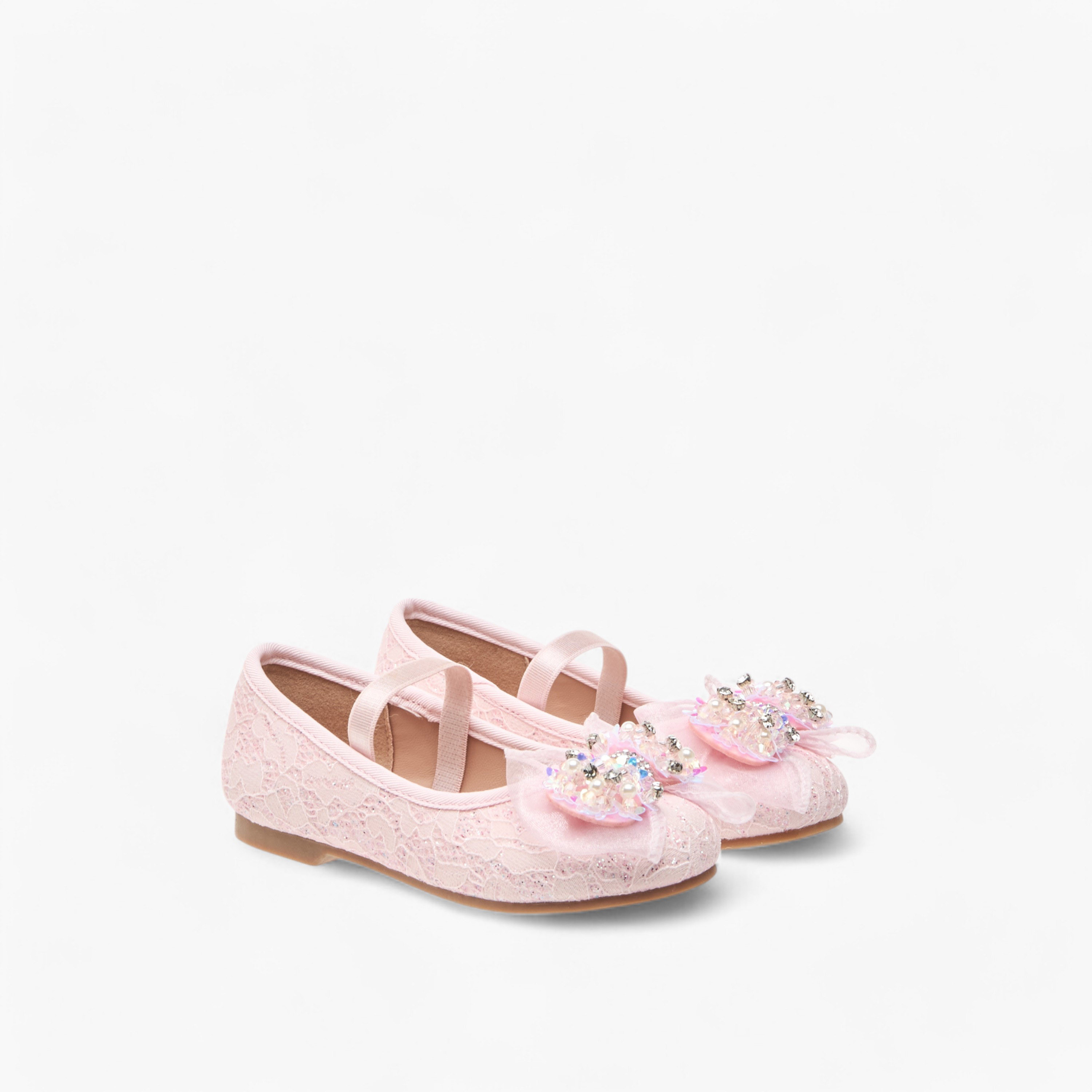 Juniors Lace Textured Bow Ballerina Shoes with Elasticated Strap-girls-shoes-ballerinas-image-1