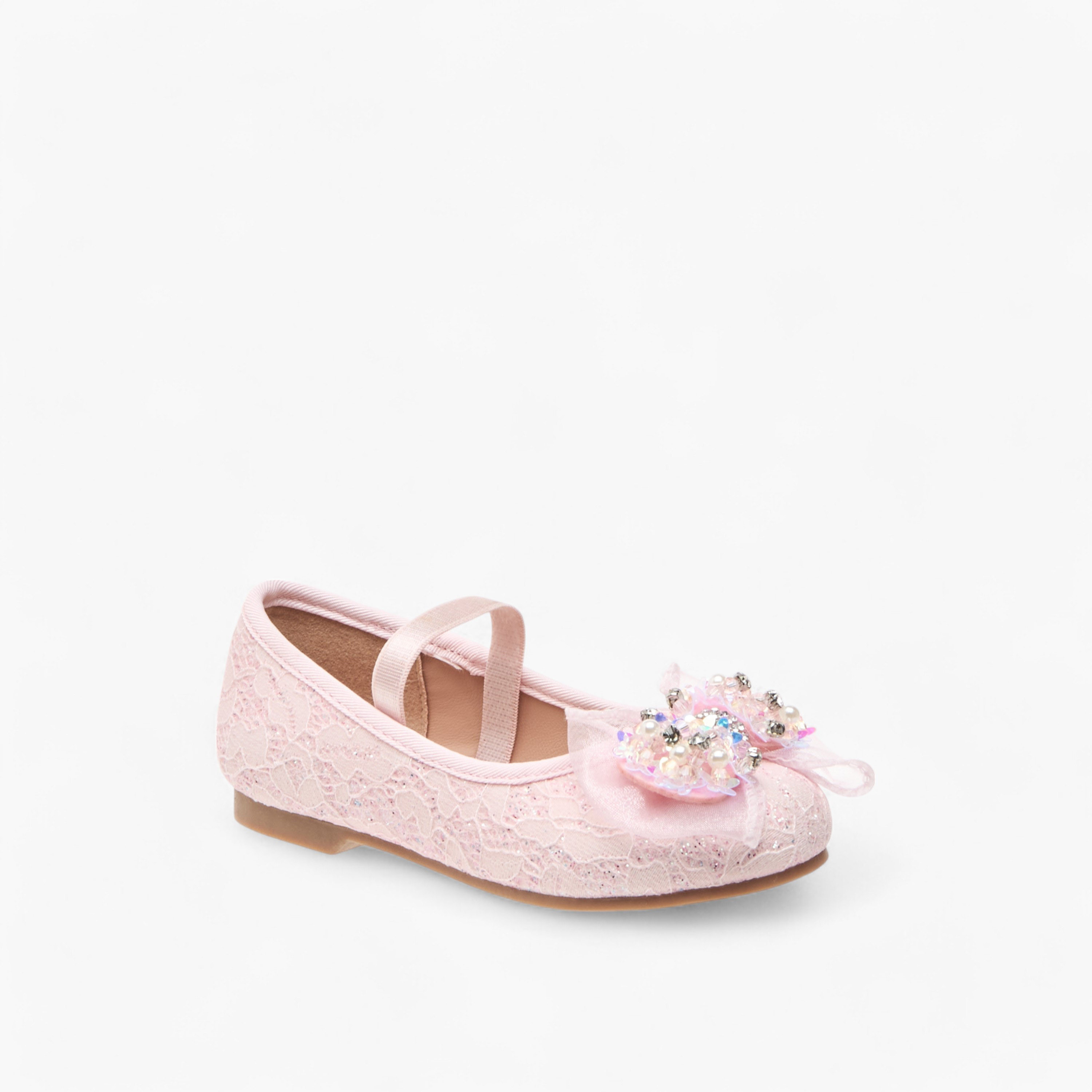 Juniors Lace Textured Bow Ballerina Shoes with Elasticated Strap-girls-shoes-ballerinas-image-2