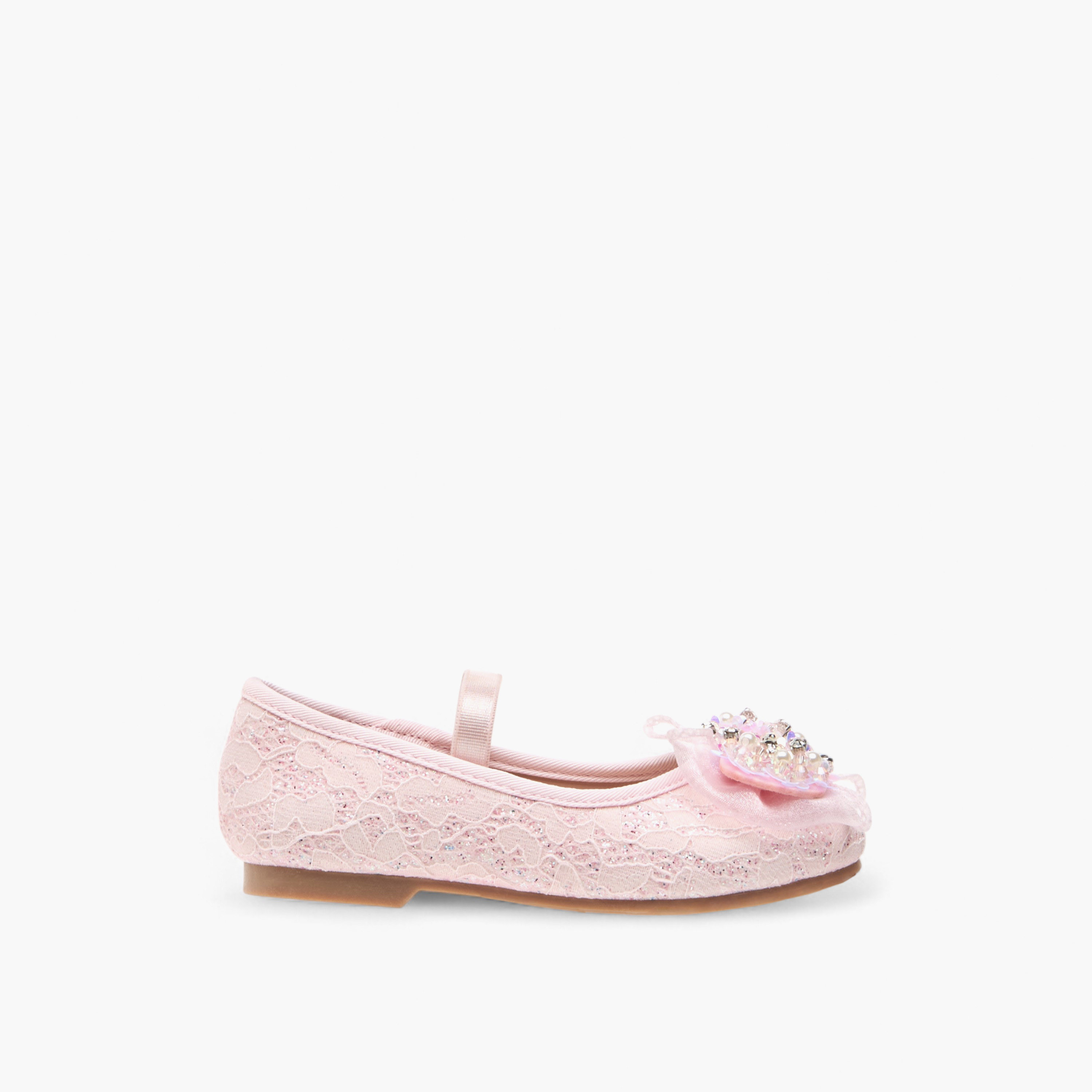Juniors Lace Textured Bow Ballerina Shoes with Elasticated Strap-girls-shoes-ballerinas-image-3