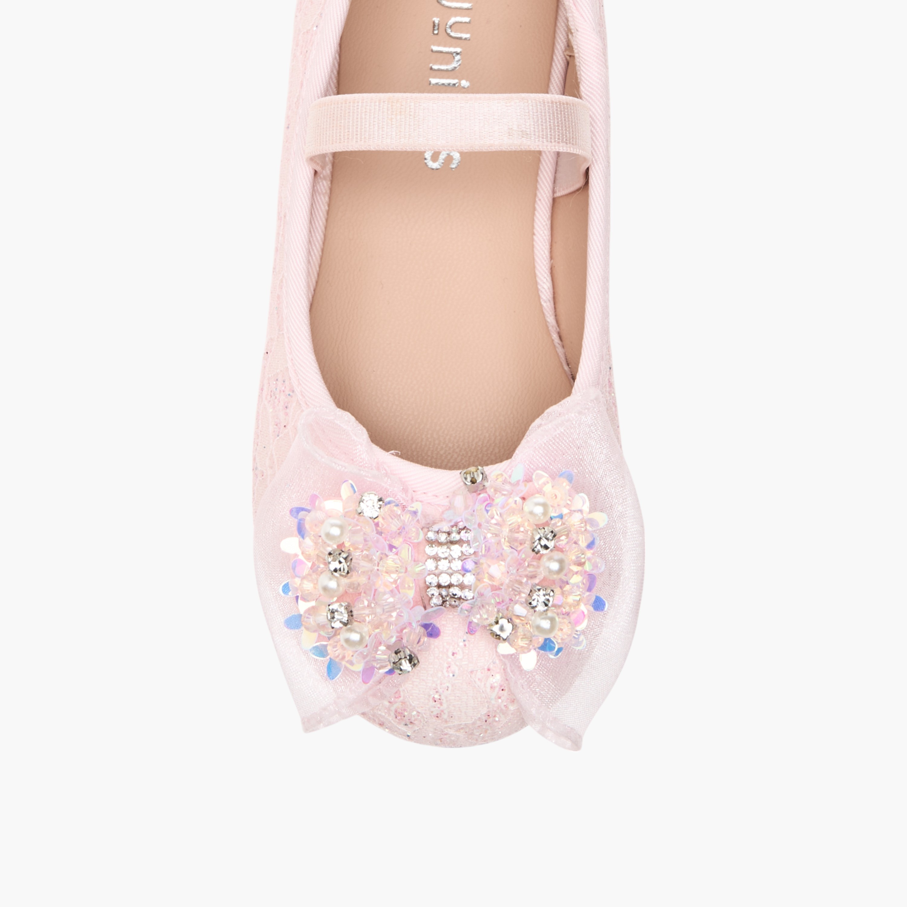 Juniors Lace Textured Bow Ballerina Shoes with Elasticated Strap-girls-shoes-ballerinas-image-4