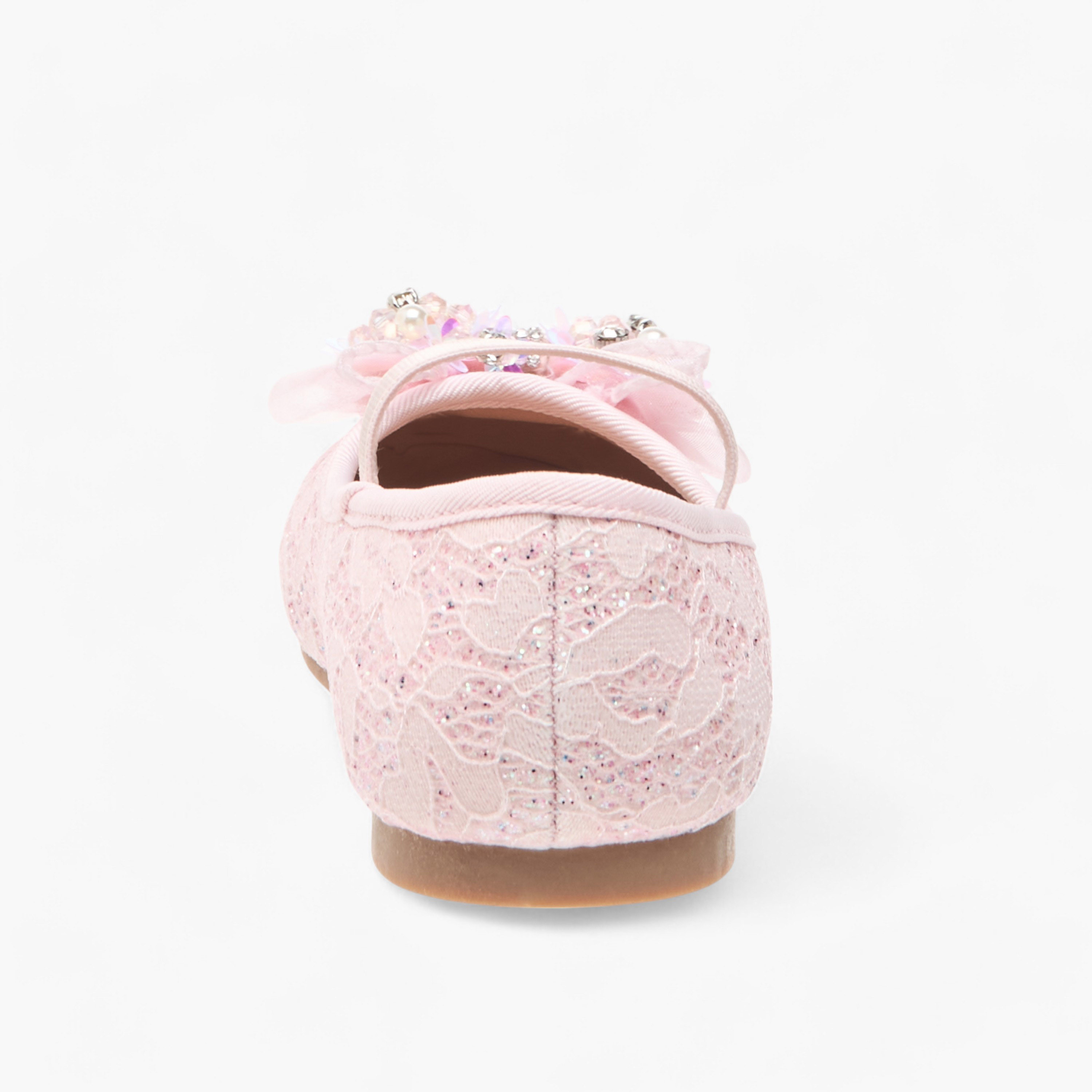 Juniors Lace Textured Bow Ballerina Shoes with Elasticated Strap-girls-shoes-ballerinas-image-5
