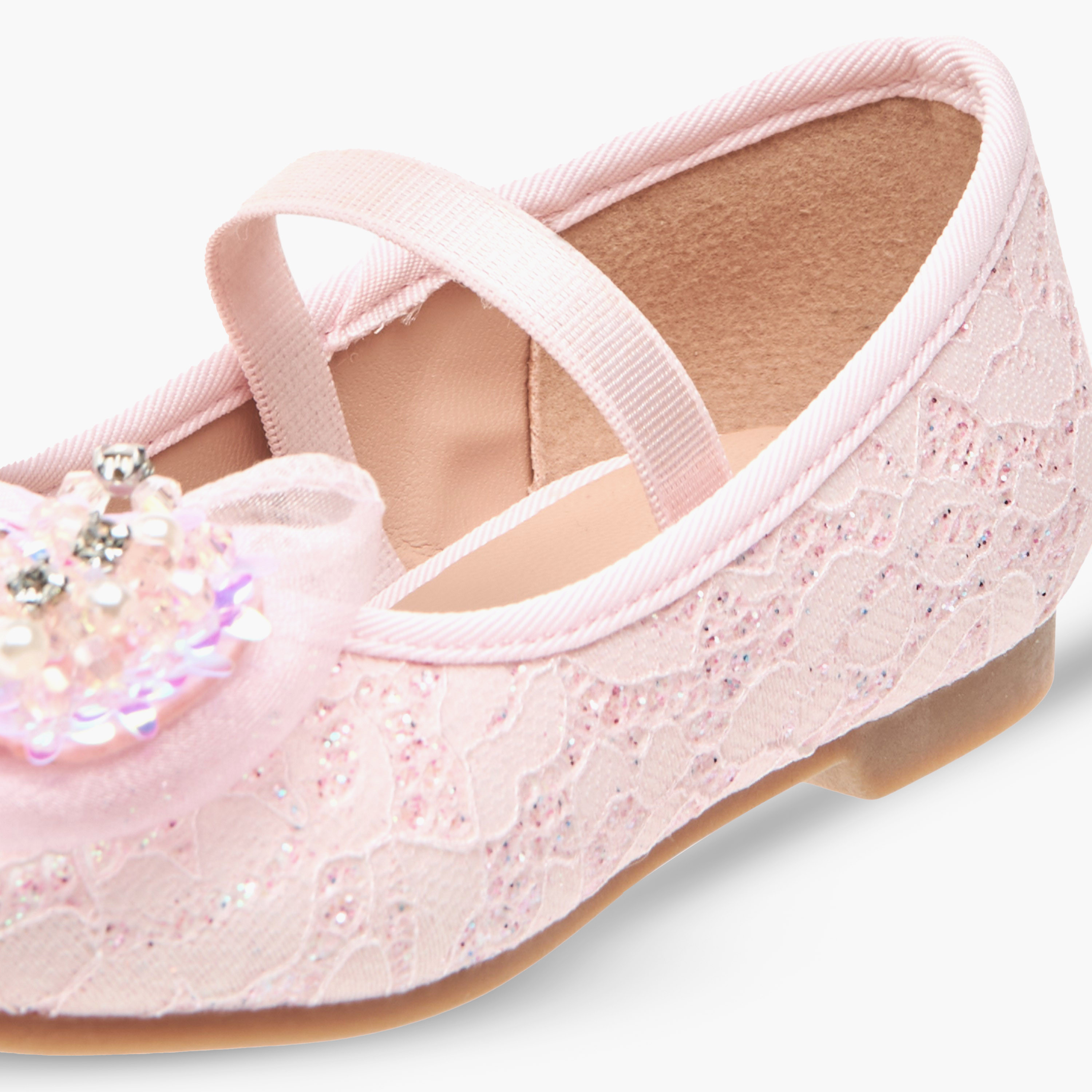 Juniors Lace Textured Bow Ballerina Shoes with Elasticated Strap-girls-shoes-ballerinas-image-6