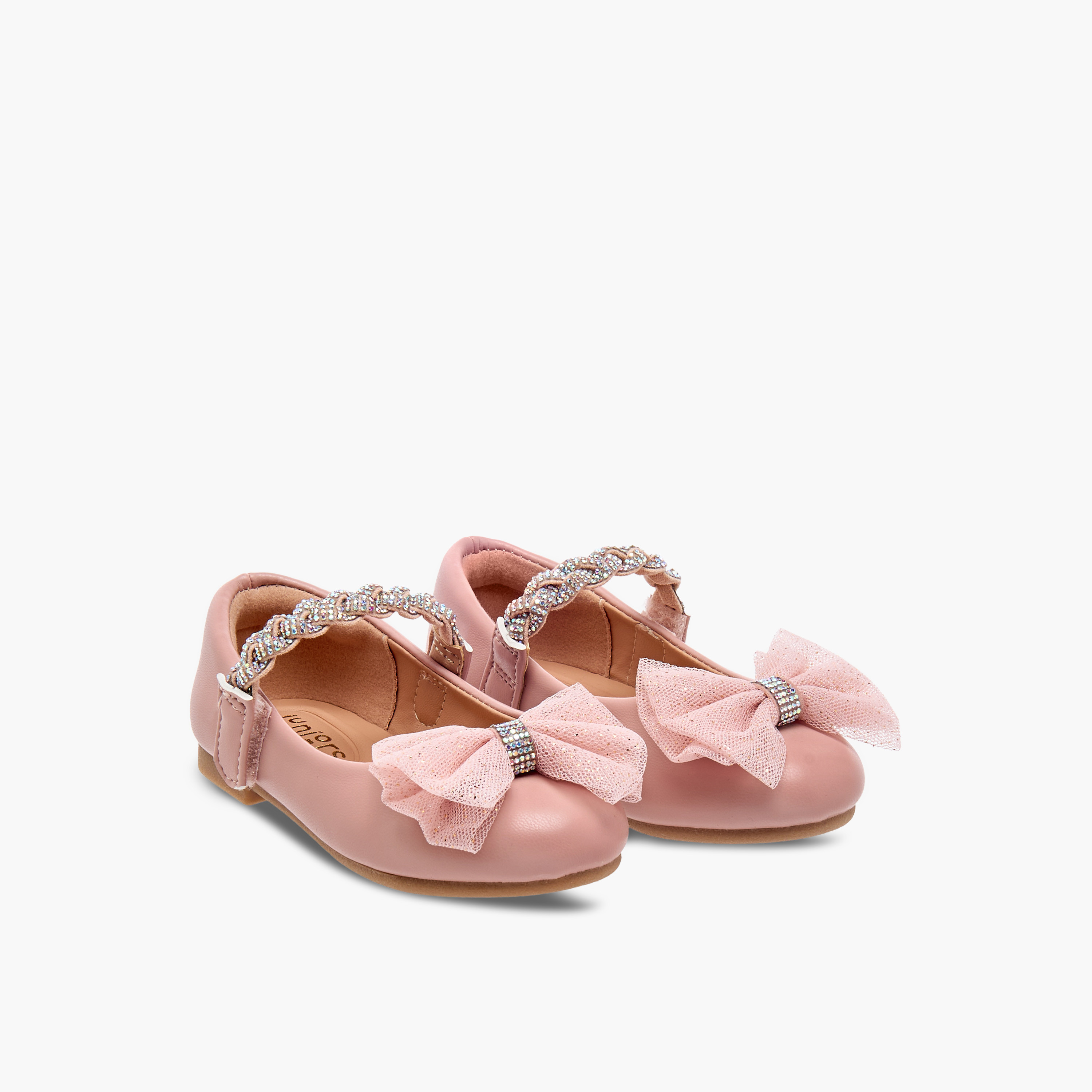 Juniors Embellished Bow Detail Ballerina Shoes with Hook and Loop Closure-girls-shoes-ballerinas-image-1