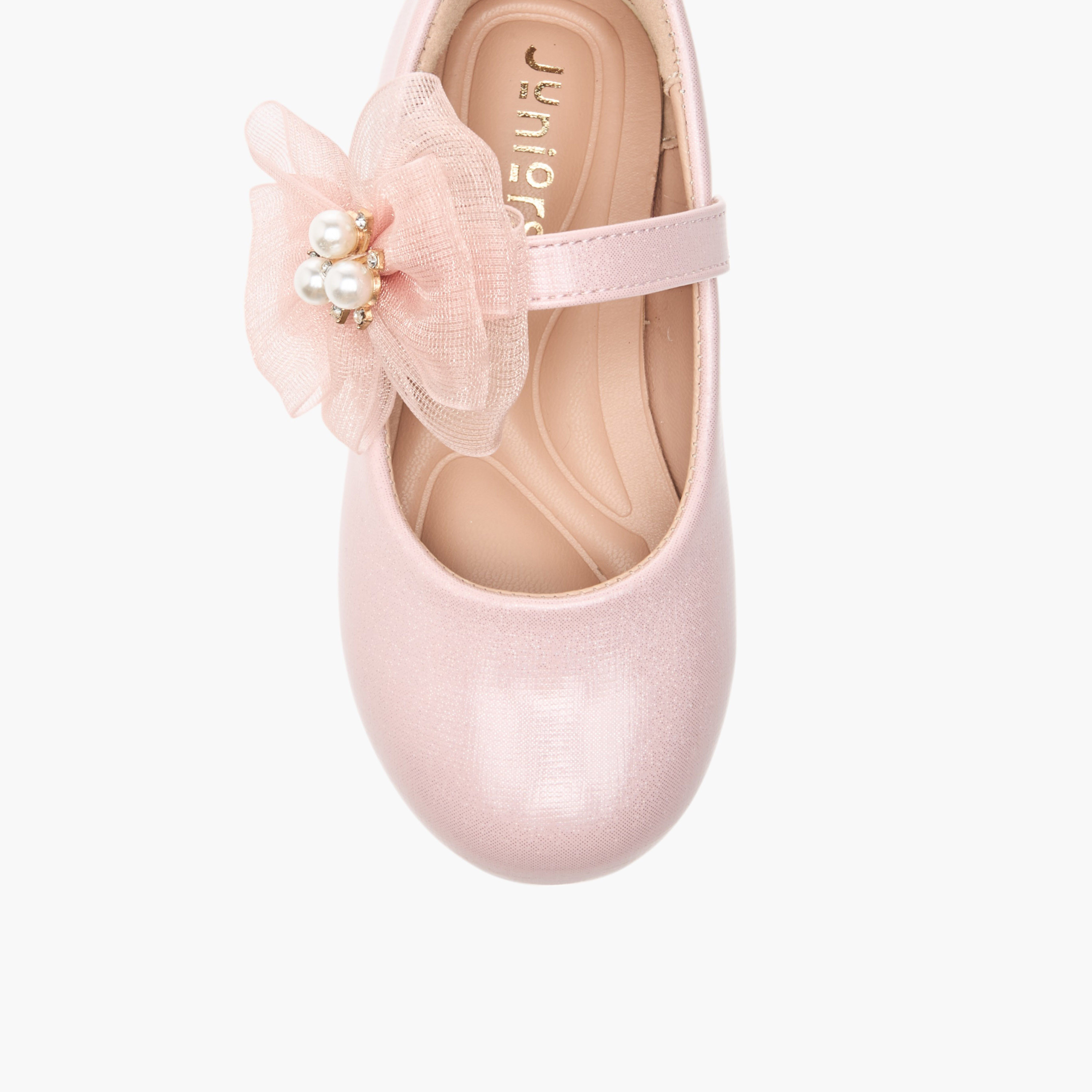 Juniors Floral Bow Accent Ballerina Shoes with Hook and Loop Closure-girls-shoes-maryjanes-image-4