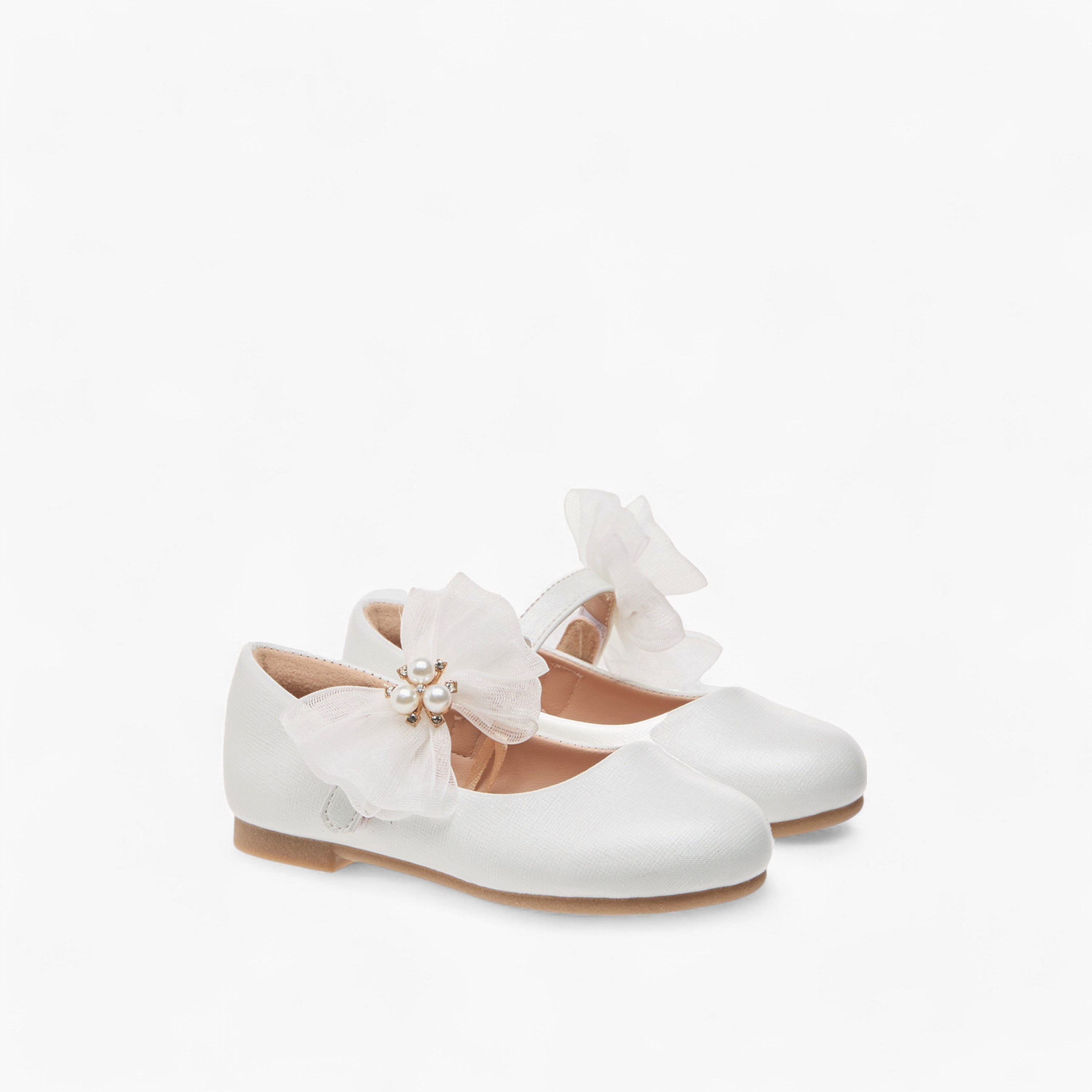 حذاء باليرينا بشريط إغلاق لاصق وتزيينات فيونكة وأزهار من جونيورز-girls-shoes-maryjanes-image-1