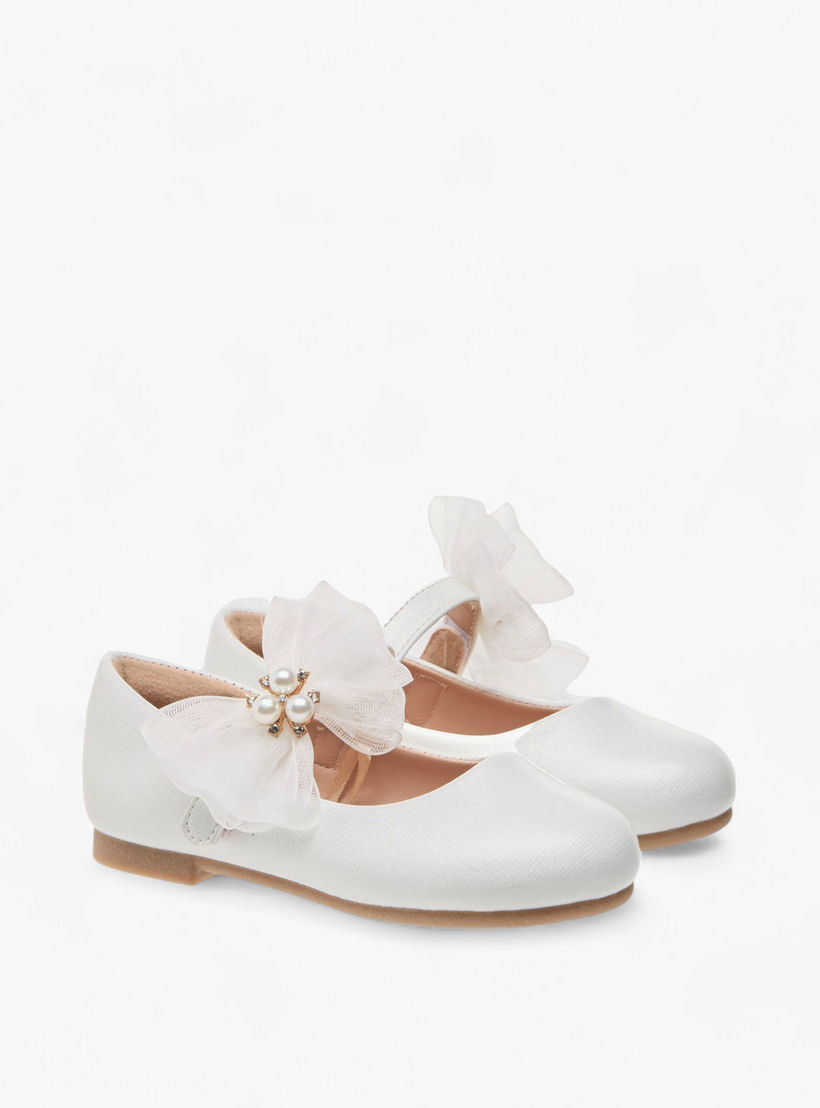 حذاء باليرينا بشريط إغلاق لاصق وتزيينات فيونكة وأزهار من جونيورز-girls-shoes-maryjanes-image-1