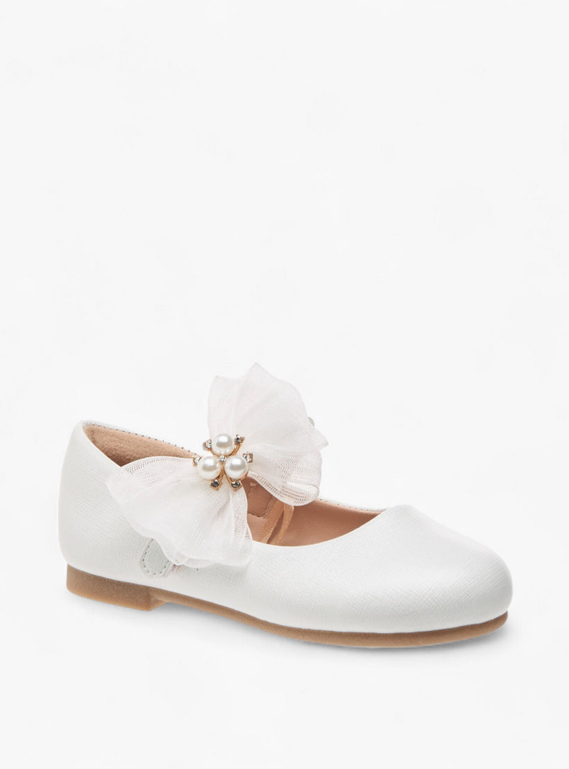 حذاء باليرينا بشريط إغلاق لاصق وتزيينات فيونكة وأزهار من جونيورز-girls-shoes-maryjanes-image-2