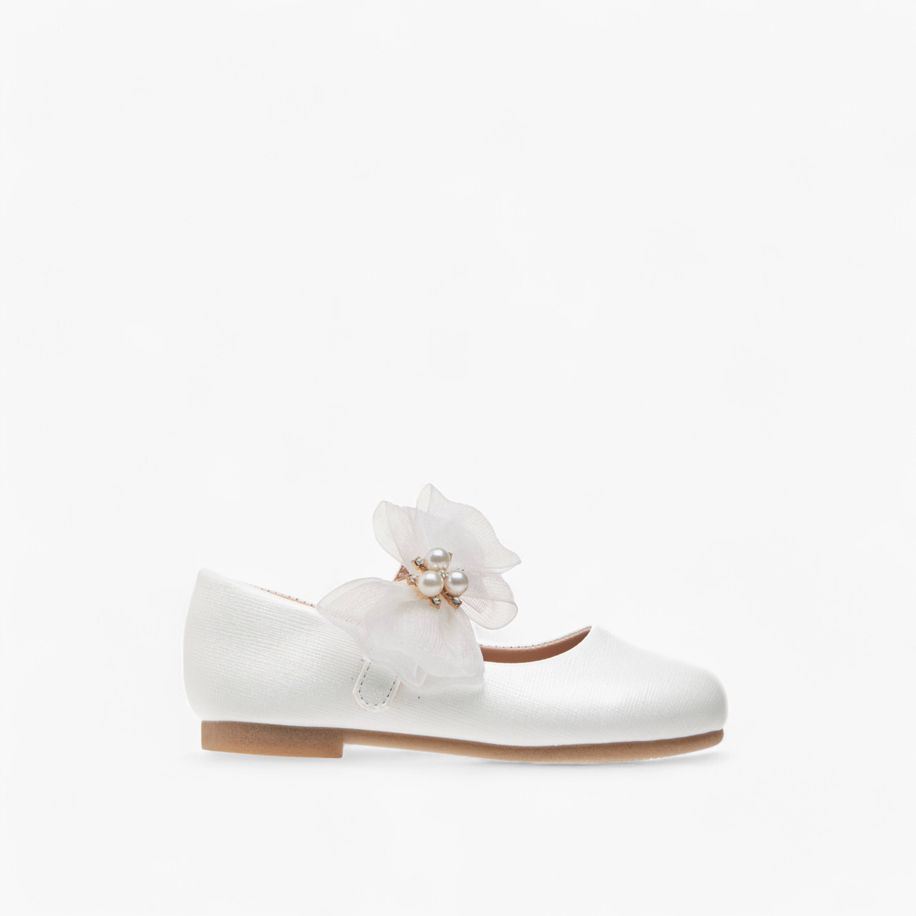 حذاء باليرينا بشريط إغلاق لاصق وتزيينات فيونكة وأزهار من جونيورز-girls-shoes-maryjanes-image-3