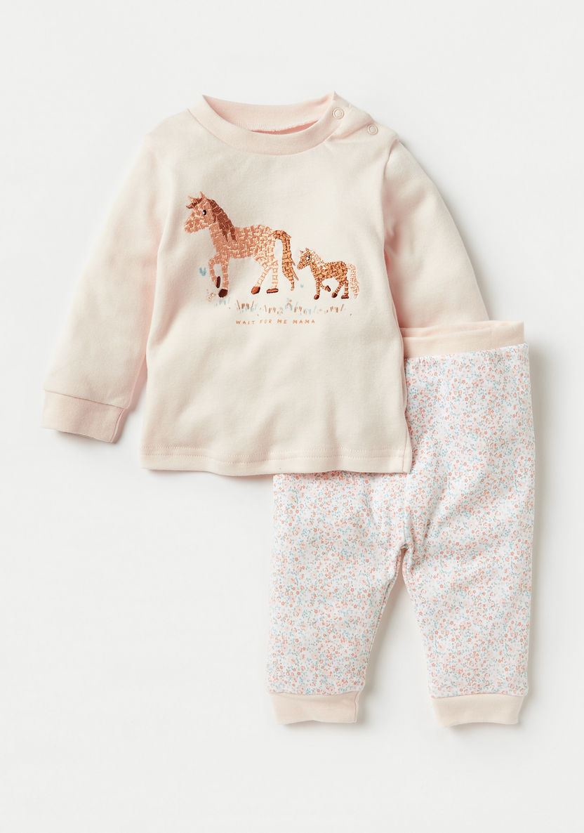 Juniors Horse Embroidered T-shirt and Floral Print Pyjama Set-Pyjama Sets-image-0