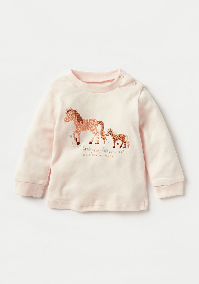 Juniors Horse Embroidered T-shirt and Floral Print Pyjama Set-Pyjama Sets-image-1