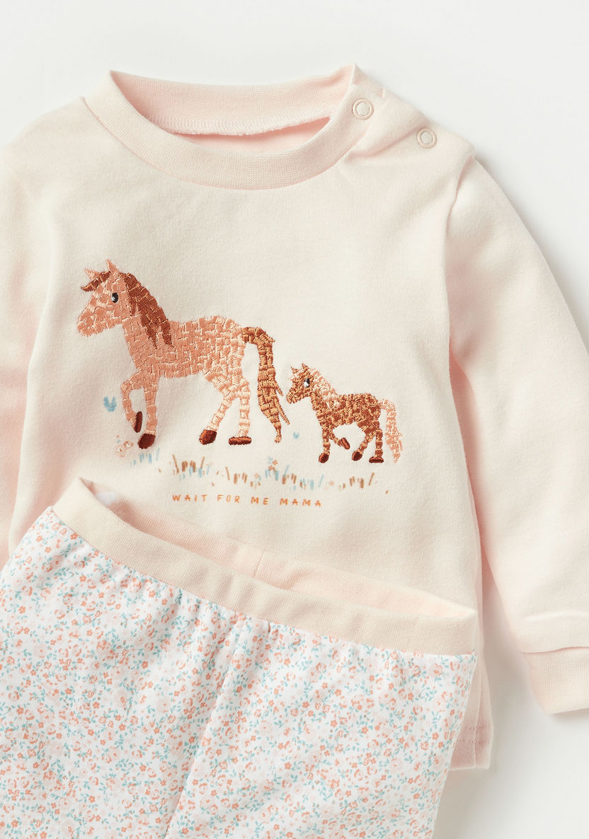 Juniors Horse Embroidered T-shirt and Floral Print Pyjama Set-Pyjama Sets-image-3