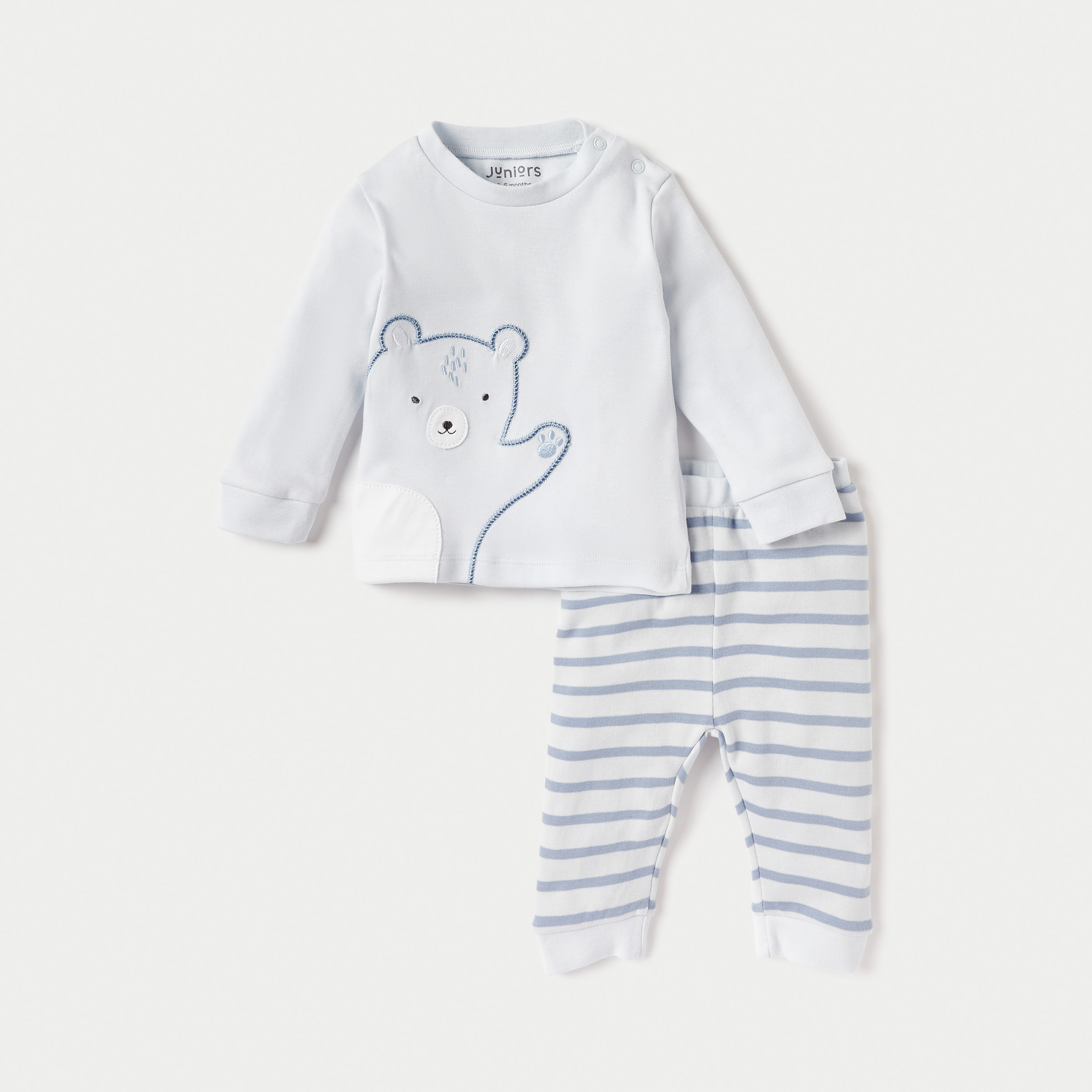Juniors Bear Embroidered T-shirt and Striped Pyjama Set-baby-boys-clothing-nightwear-pyjamasets-image-1