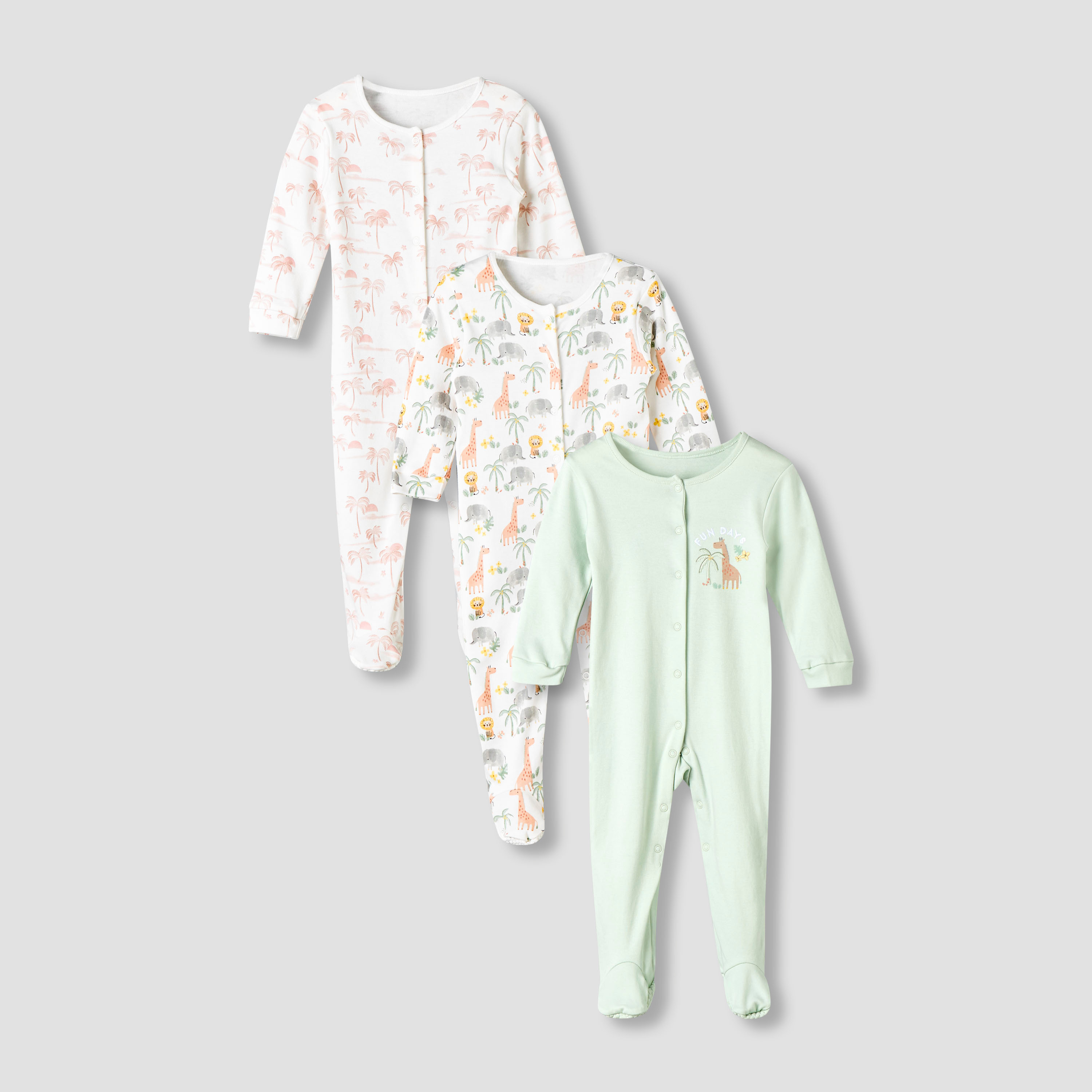 Pack of 3 Juniors Cotton Round Neck Long Sleeve Sleepsuit with Snap Button Closure-baby-girls-clothing-nightwear-sleepsuits-image-1