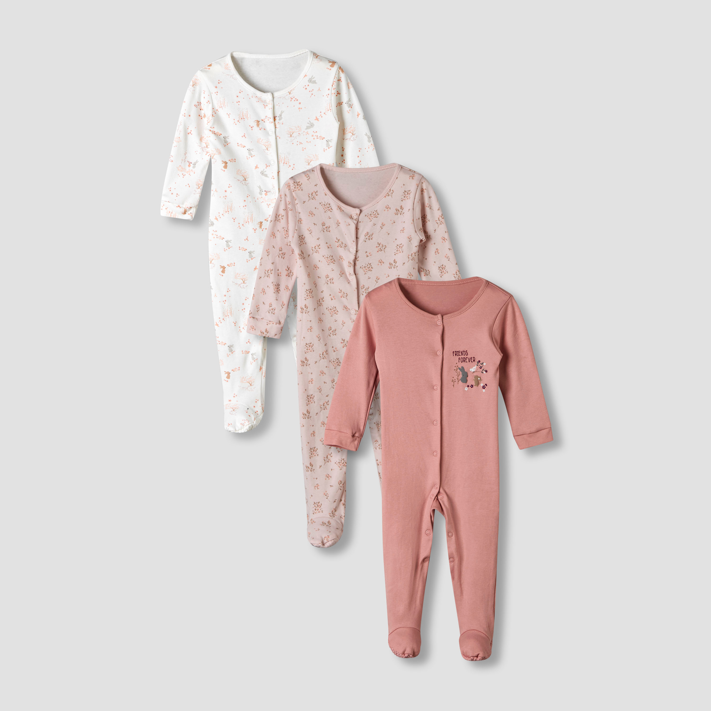 Pack of 3 Juniors Cotton Round Neck Long Sleeve Sleepsuit with Snap Button Closure-baby-girls-clothing-nightwear-sleepsuits-image-1