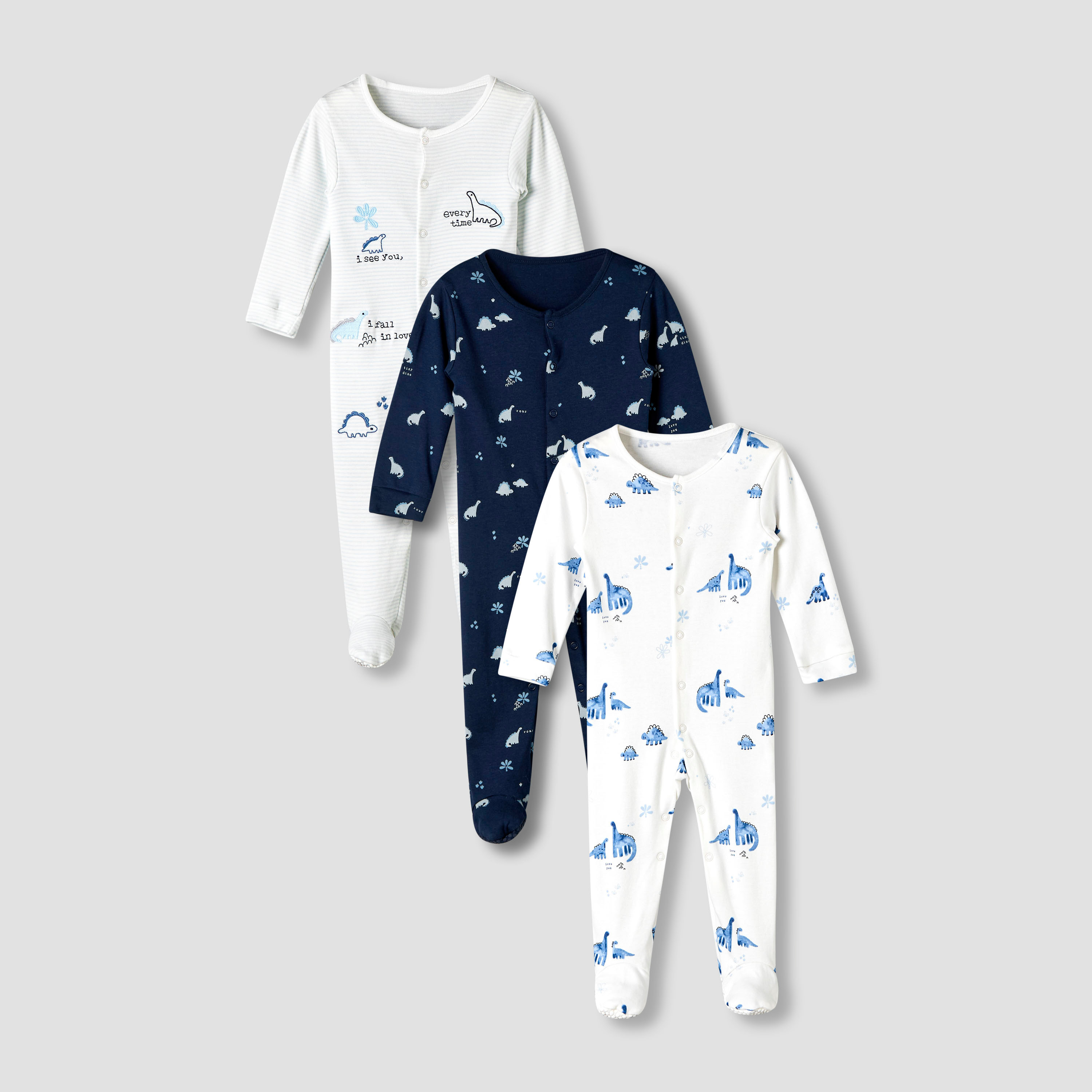 Pack of 3 Juniors Cotton Round Neck Long Sleeve Sleepsuit with Snap Button Closure-baby-boys-clothing-nightwear-sleepsuits-image-1