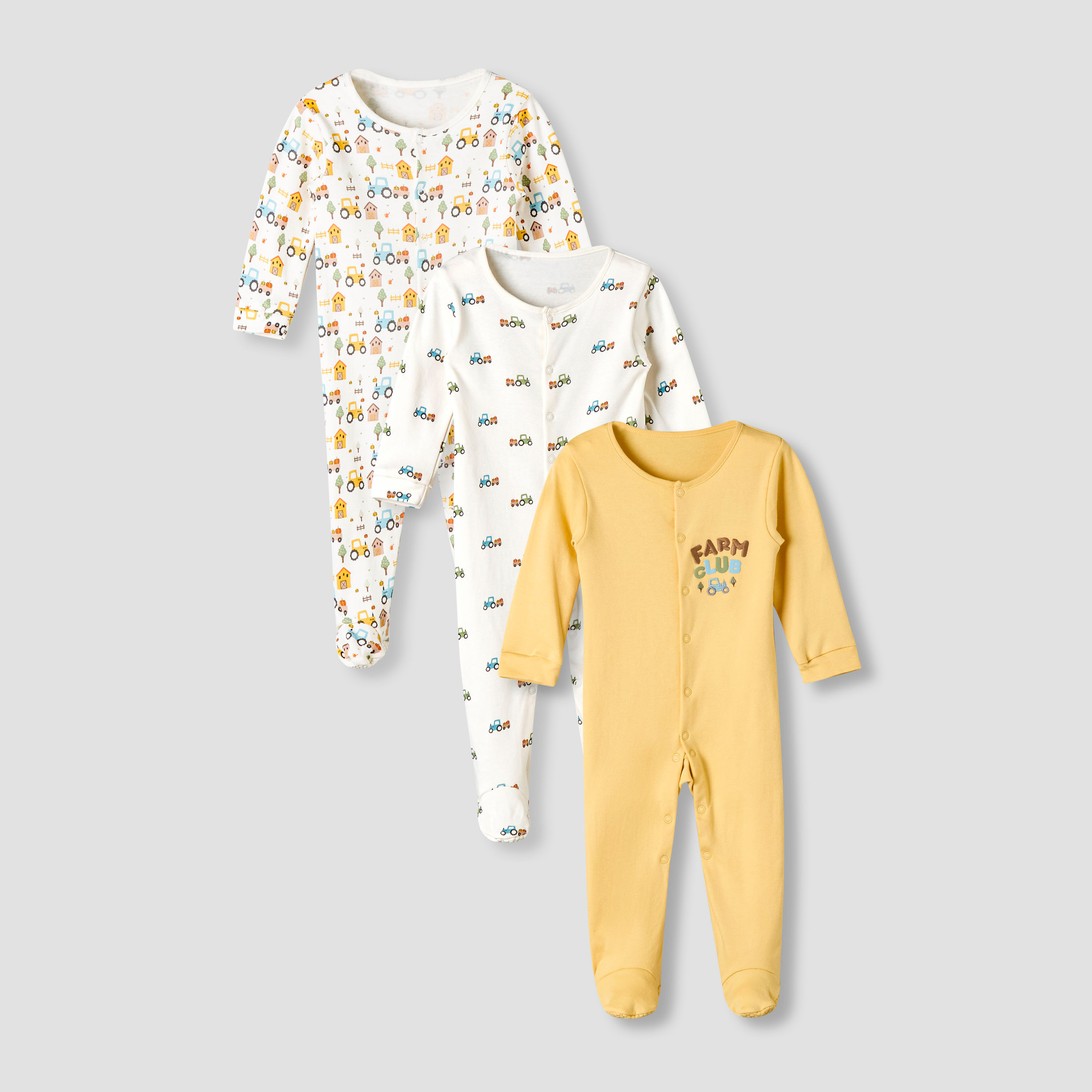 Pack of 3 Juniors Cotton Round Neck Long Sleeve Sleepsuit with Snap Button Closure-baby-boys-clothing-nightwear-sleepsuits-image-1