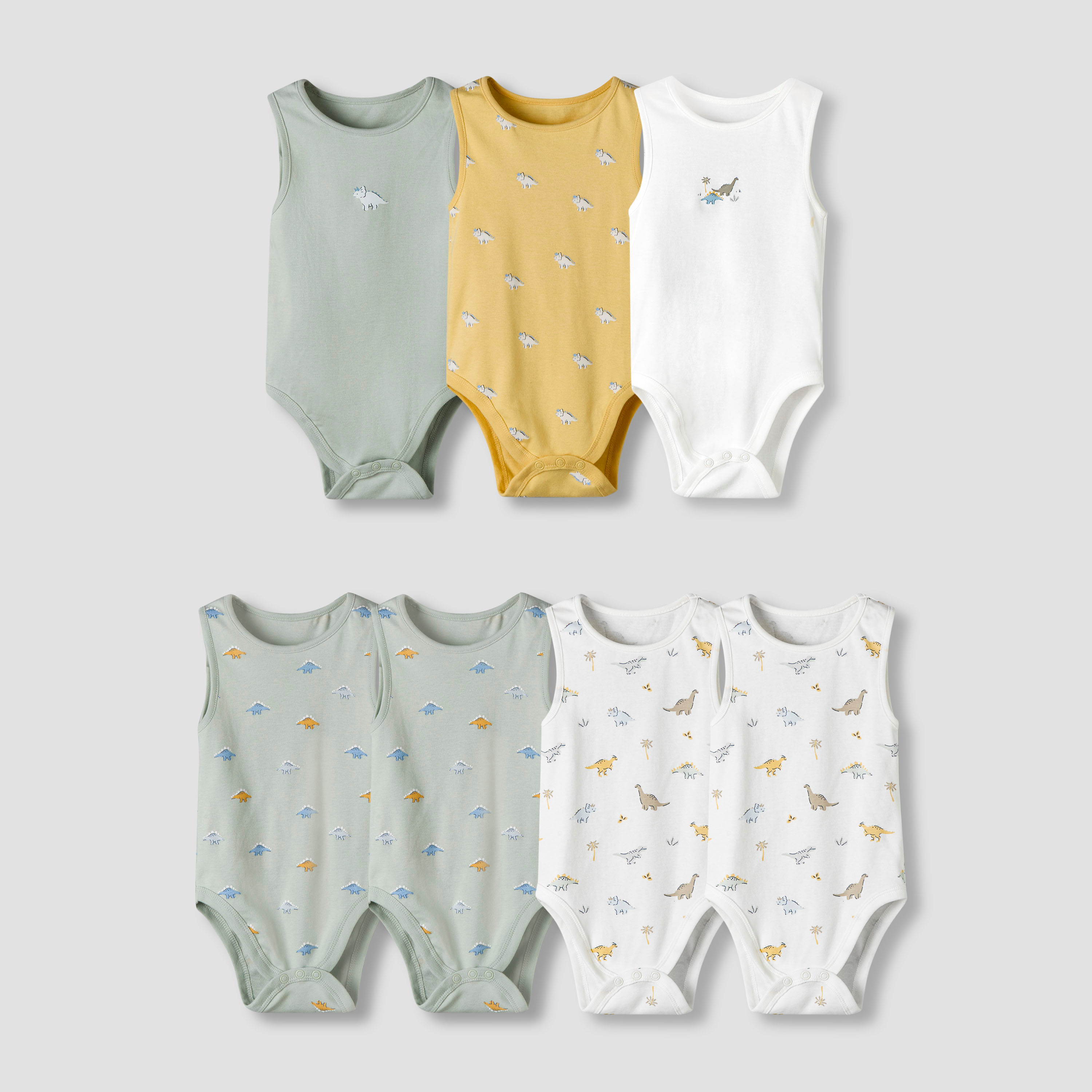 Pack of 7 Juniors Cotton Round Neck Sleeveless Bodysuit with Dinosaur Print-baby-boys-clothing-bodysuits-image-1