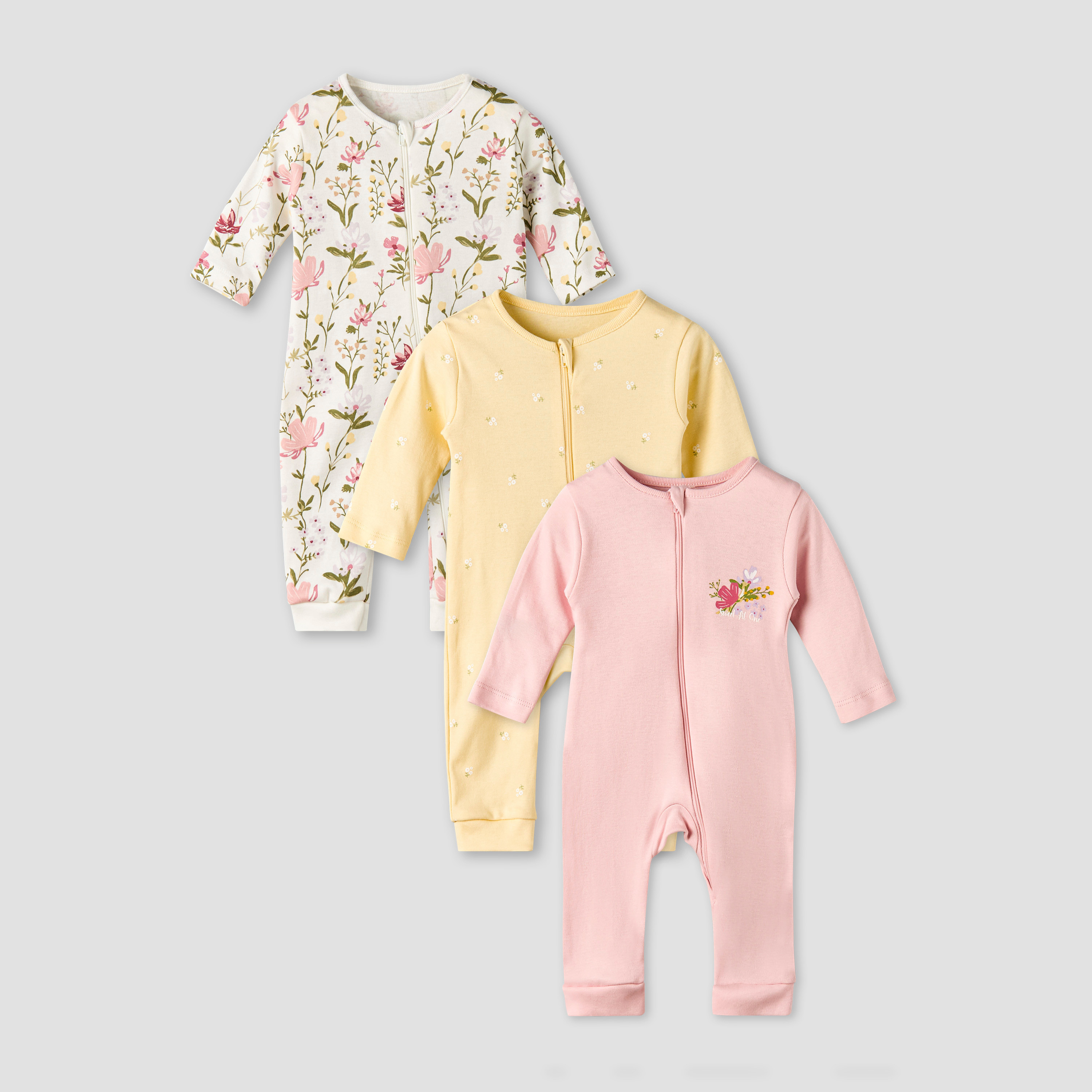 Pack of 3 Juniors Cotton Long Sleeves Sleepsuit with Floral Print-baby-girls-clothing-nightwear-sleepsuits-image-1