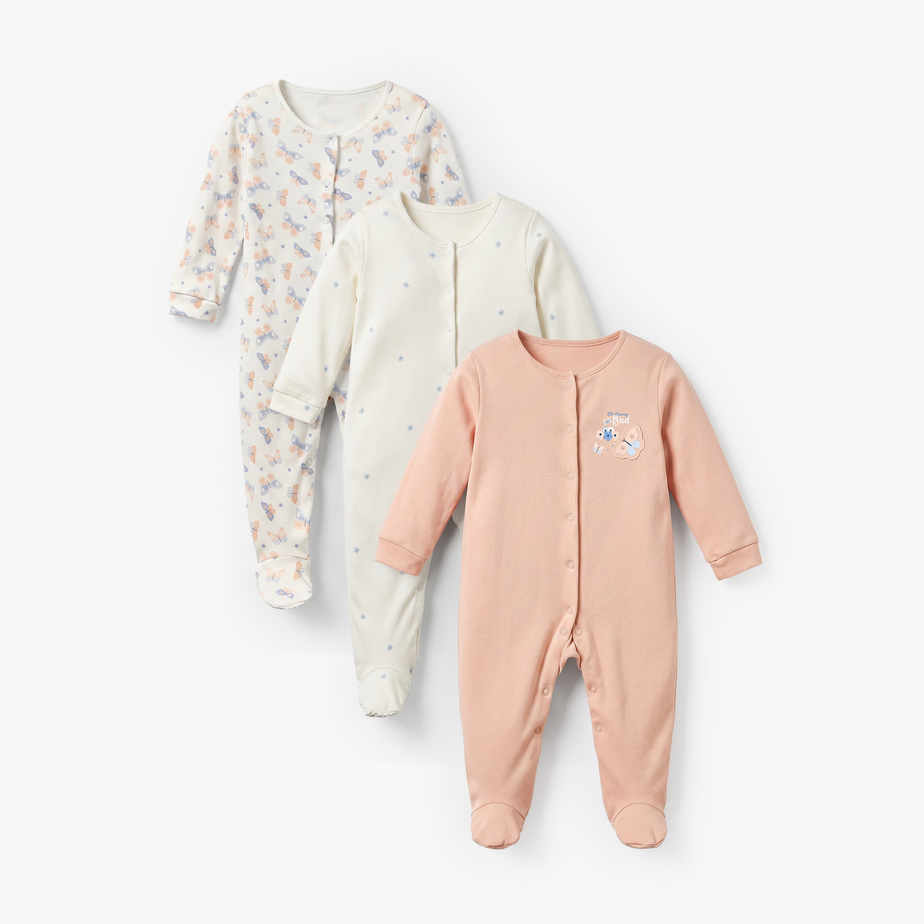 Pack of 3 Juniors Cotton Crew Neck Long Sleeves Sleepsuit with Assorted Print-baby-girls-clothing-nightwear-sleepsuits-image-1
