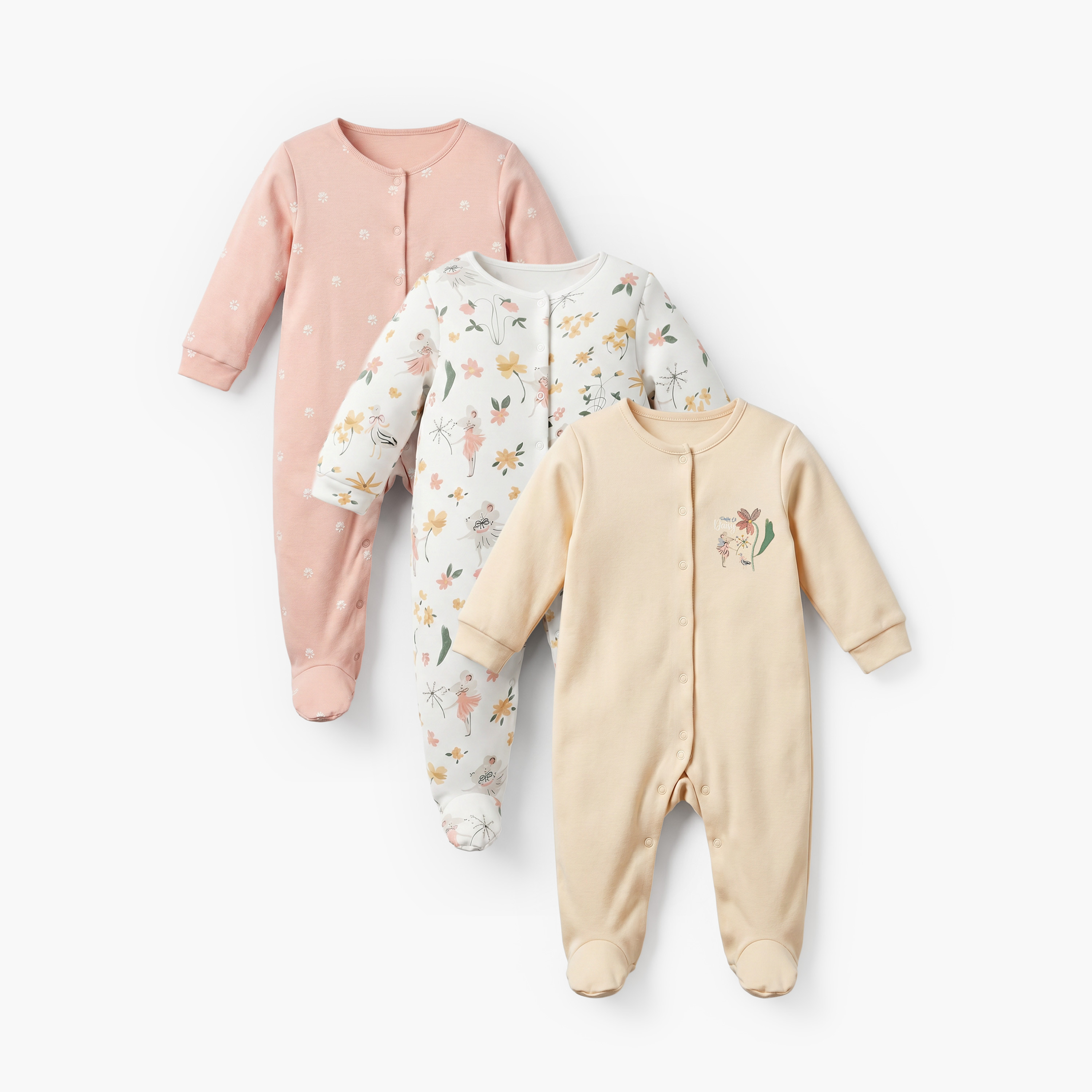 Pack of 3 Juniors Cotton Crew Neck Long Sleeves Sleepsuit with Floral Print-baby-girls-clothing-nightwear-sleepsuits-image-1