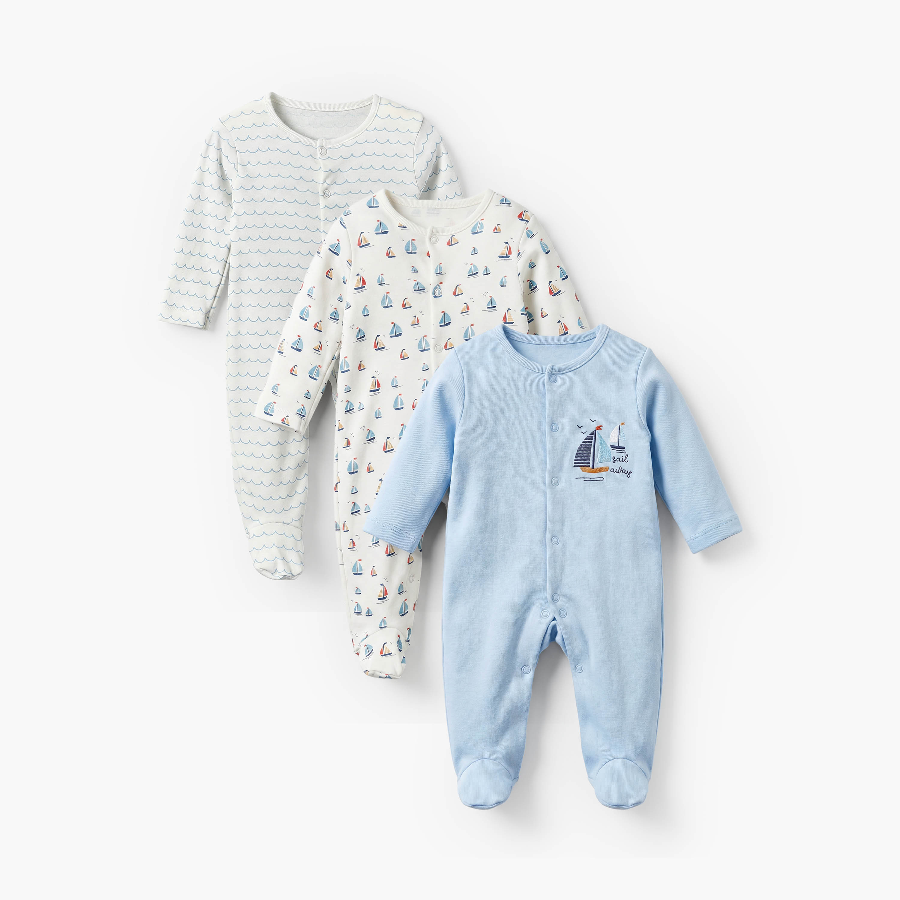 بدلات نوم قطن بطبعات بحرية وياقة ضيقة وأكمام طويلة من جونيورز - عبوة 3 قطع-baby-boys-clothing-nightwear-sleepsuits-image-1