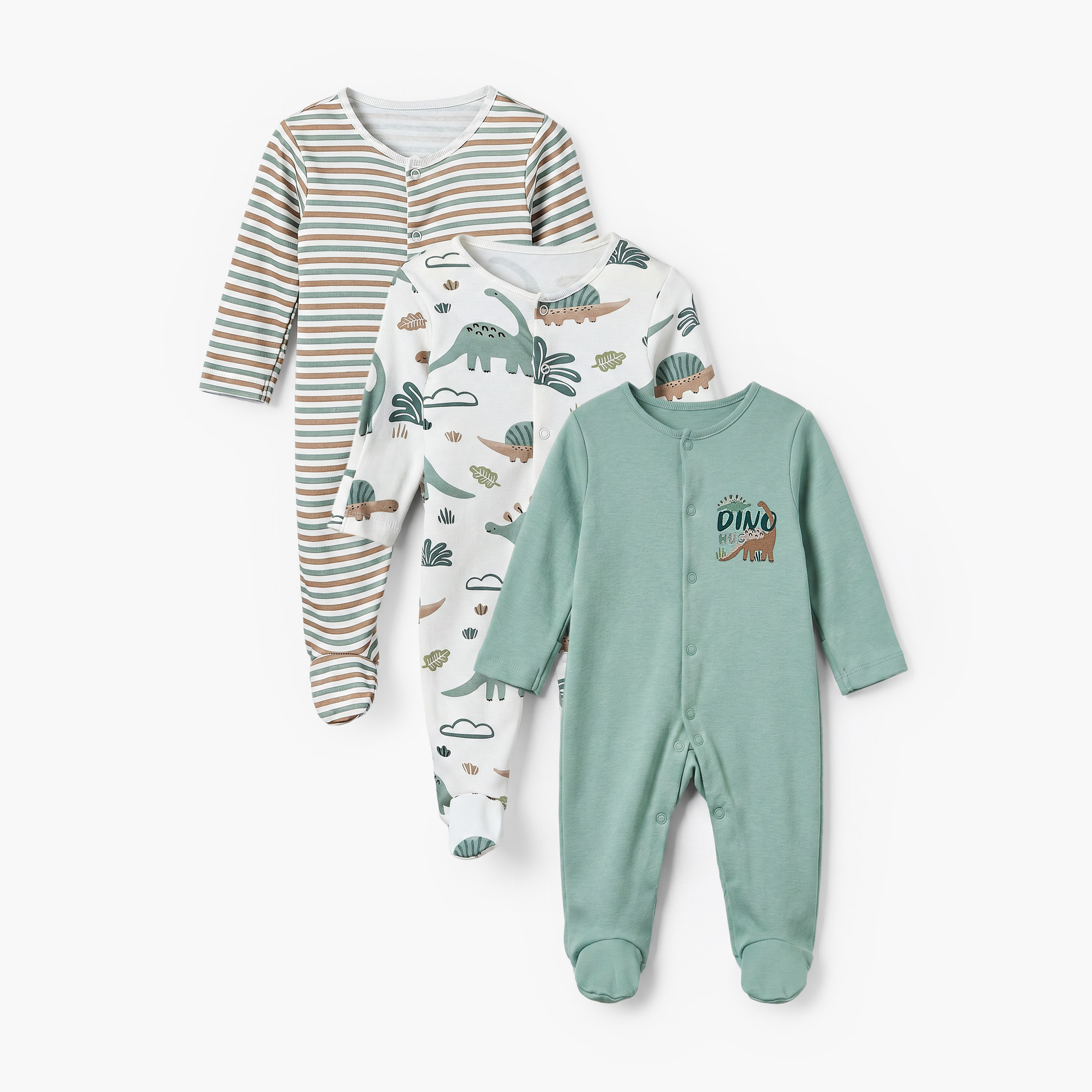 بدلات نوم قطن بطبعات ديناصور وياقة ضيقة وأكمام طويلة من جونيورز - عبوة 3 قطع-baby-boys-clothing-nightwear-sleepsuits-image-1
