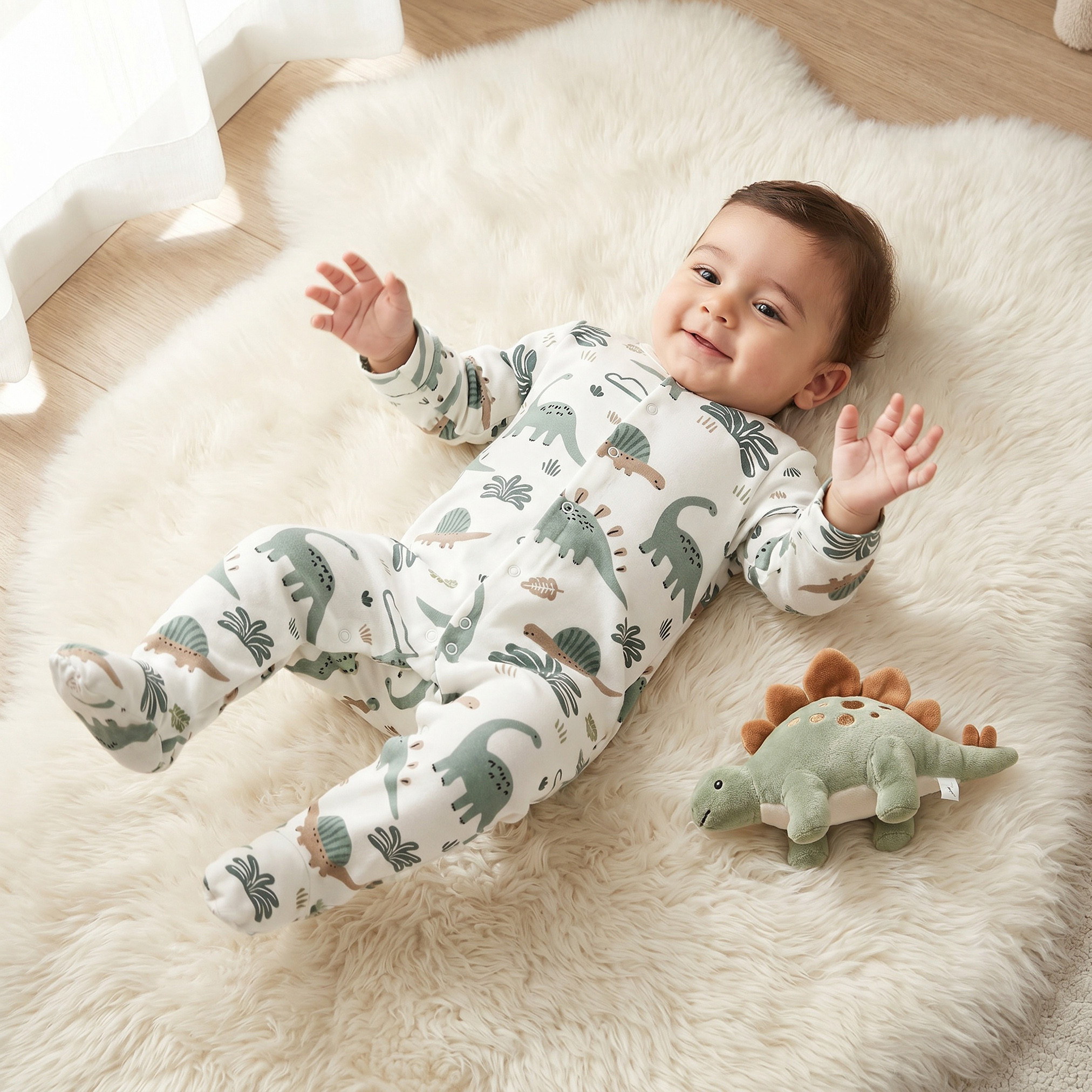 بدلات نوم قطن بطبعات ديناصور وياقة ضيقة وأكمام طويلة من جونيورز - عبوة 3 قطع-baby-boys-clothing-nightwear-sleepsuits-image-2