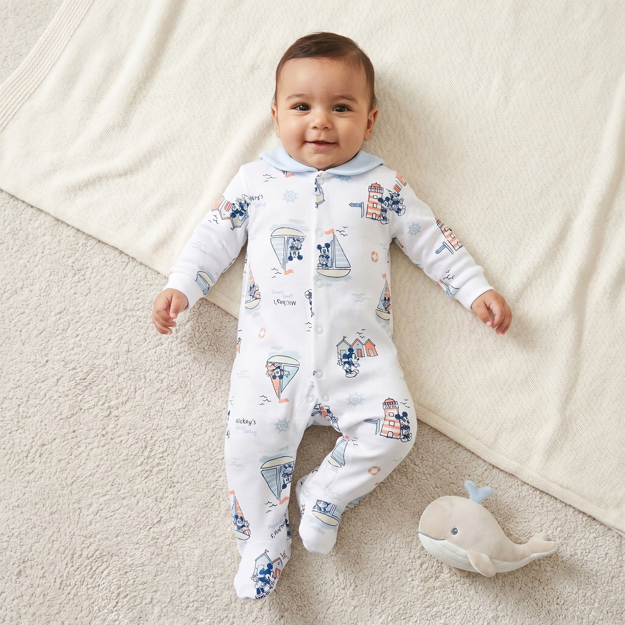 Disney Cotton Sailor Neck Long Sleeves Sleepsuit with Mickey Mouse Print-baby-boys-clothing-nightwear-sleepsuits-image-1
