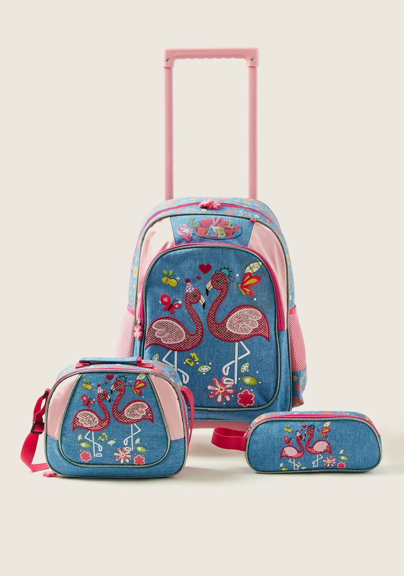Juniors Flamingo Print 3-Piece Trolley Backpack Set-School Sets-image-0