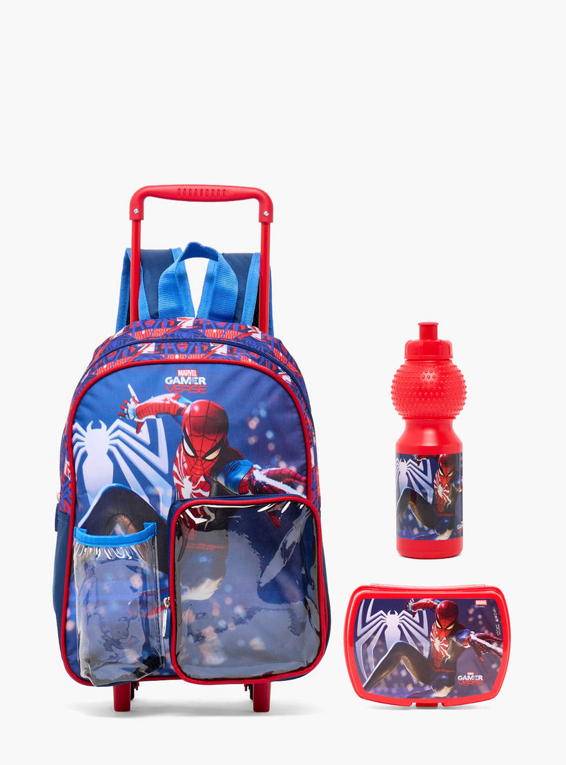 طقم شنطة مدرسية ترولي بطبعات سبايدرمان مع صندوق غداء 3 قطع للبنات من 8-13 سنة-school-bagsandbackpacks-trolleybags-image-1