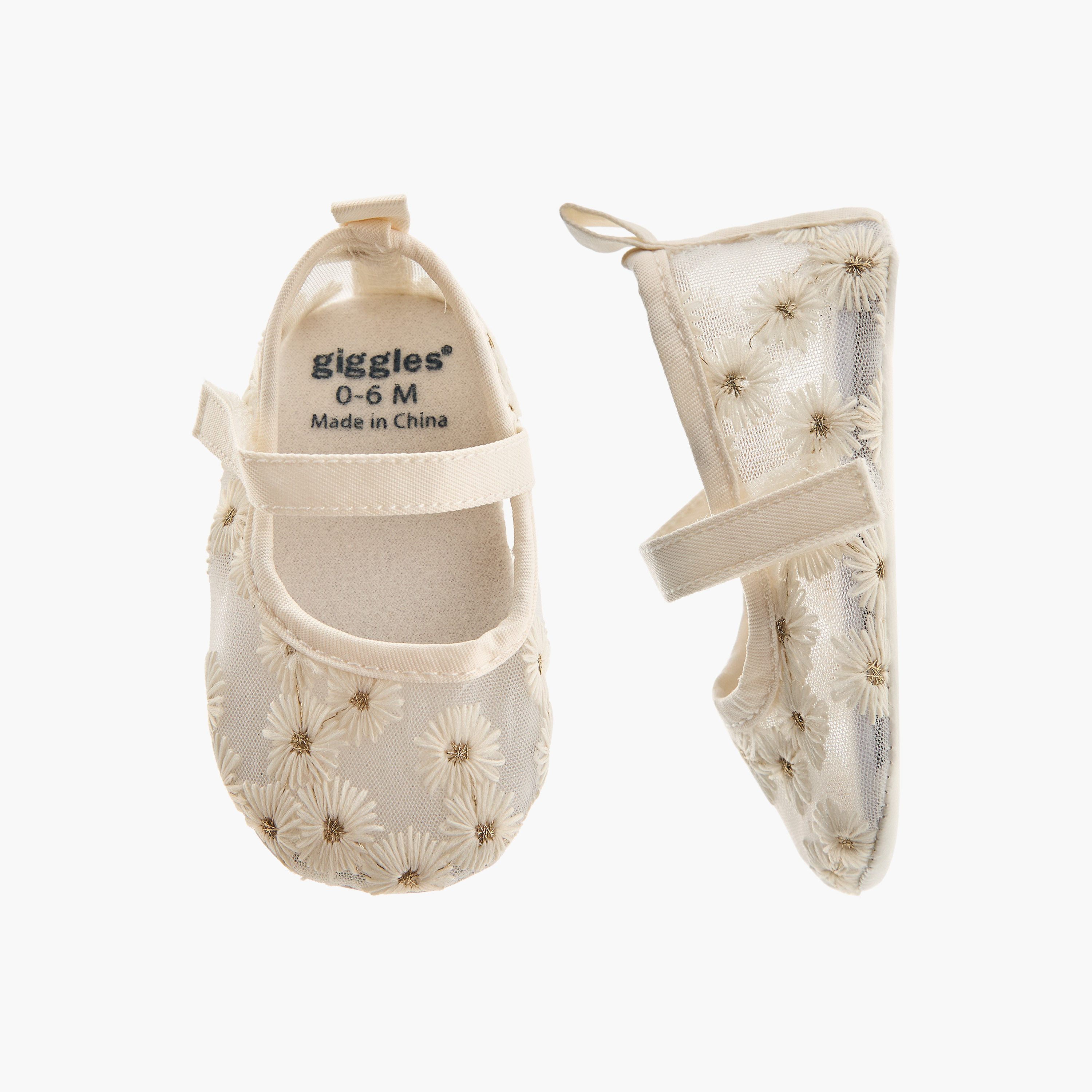 Giggles Shoes with Hook and Loop Closure, Floral Embroidered-baby-girls-shoes-closedshoes-image-1