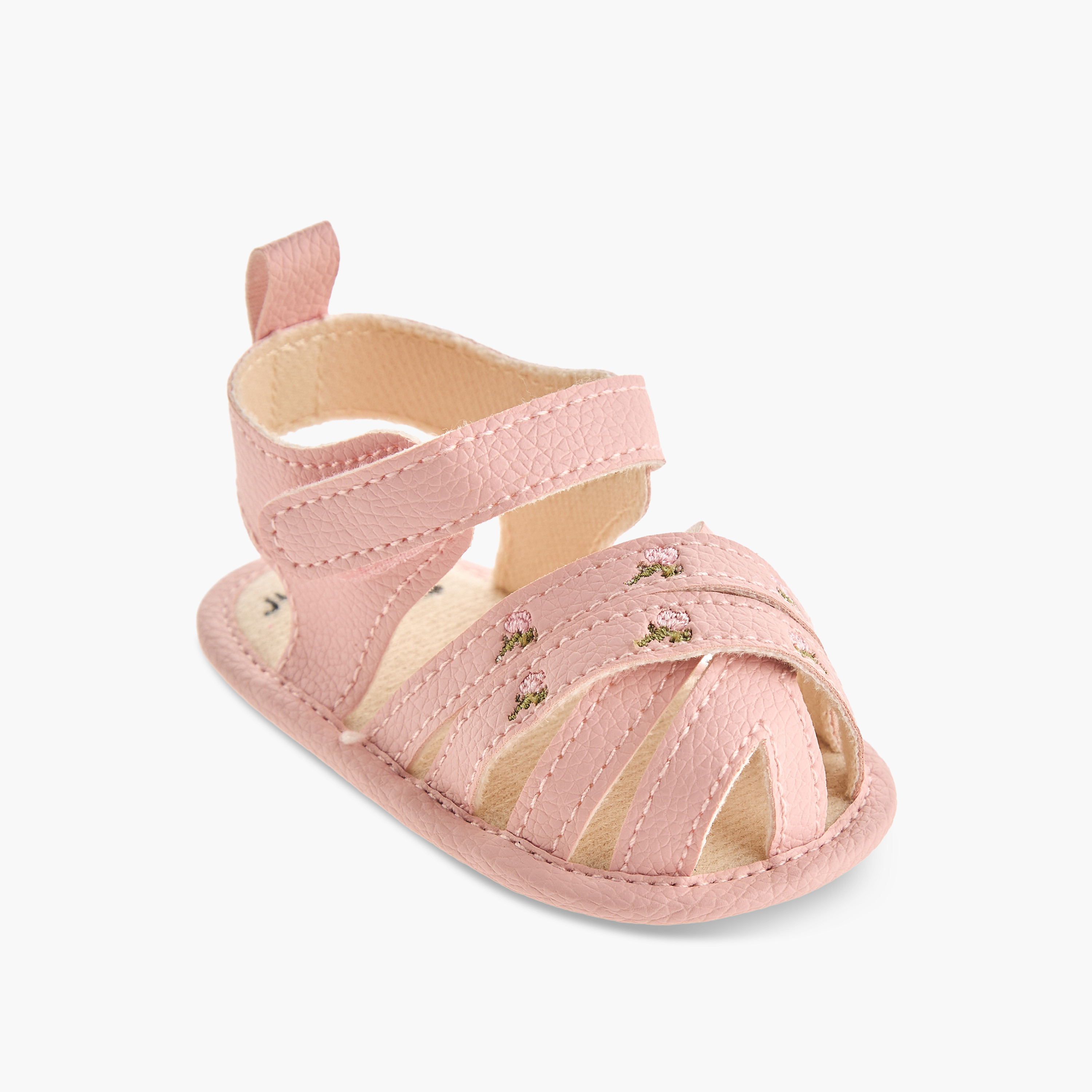 Juniors Sandals with Hook and Loop Closure, Floral Embroidered-baby-girls-shoes-sandals-image-2