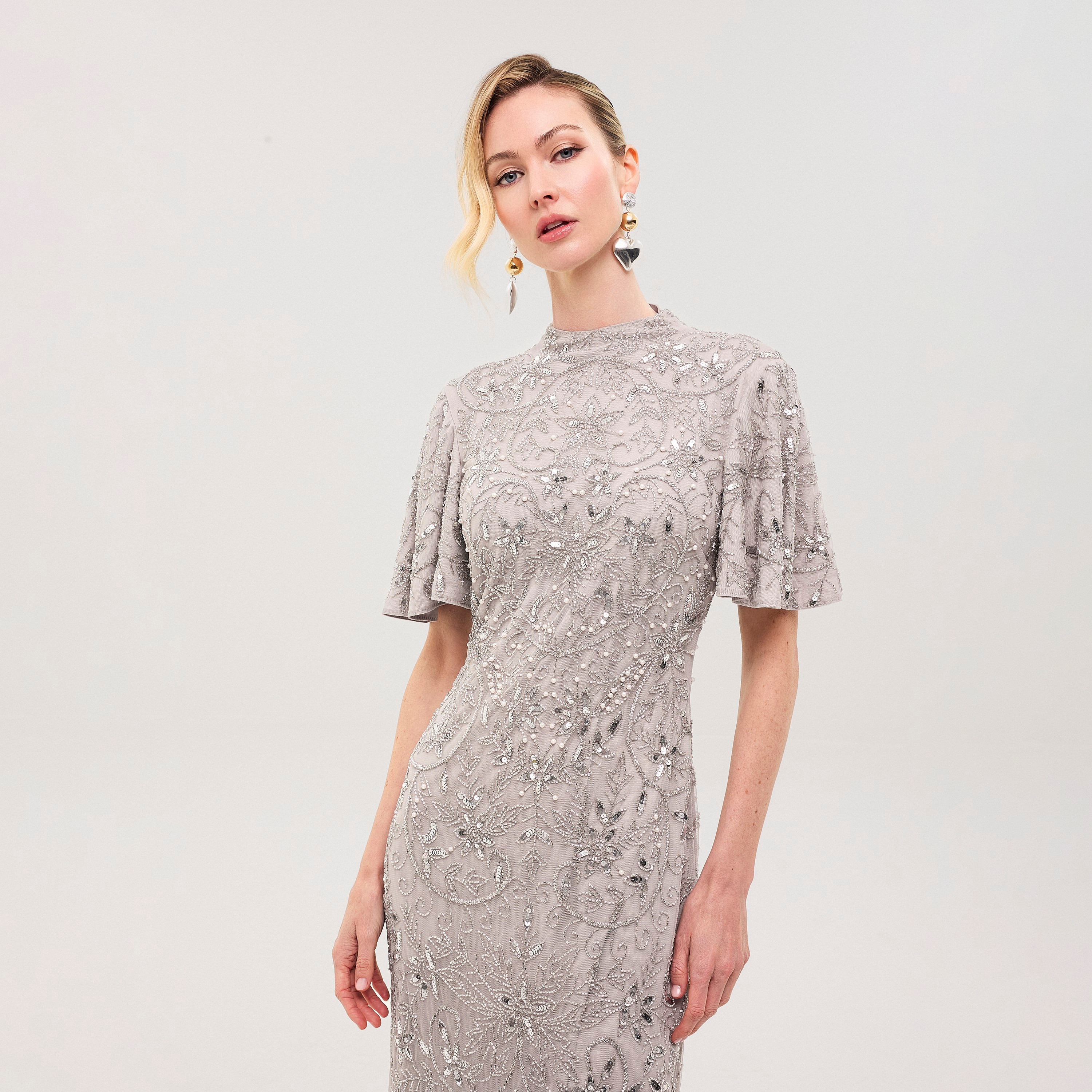 Beauut Muse Grey Beaded & Sequined Tulle Mock Neck Flutter Sleeves Column Women's Evening Maxi Dress-women-clothing-dresses-image-2