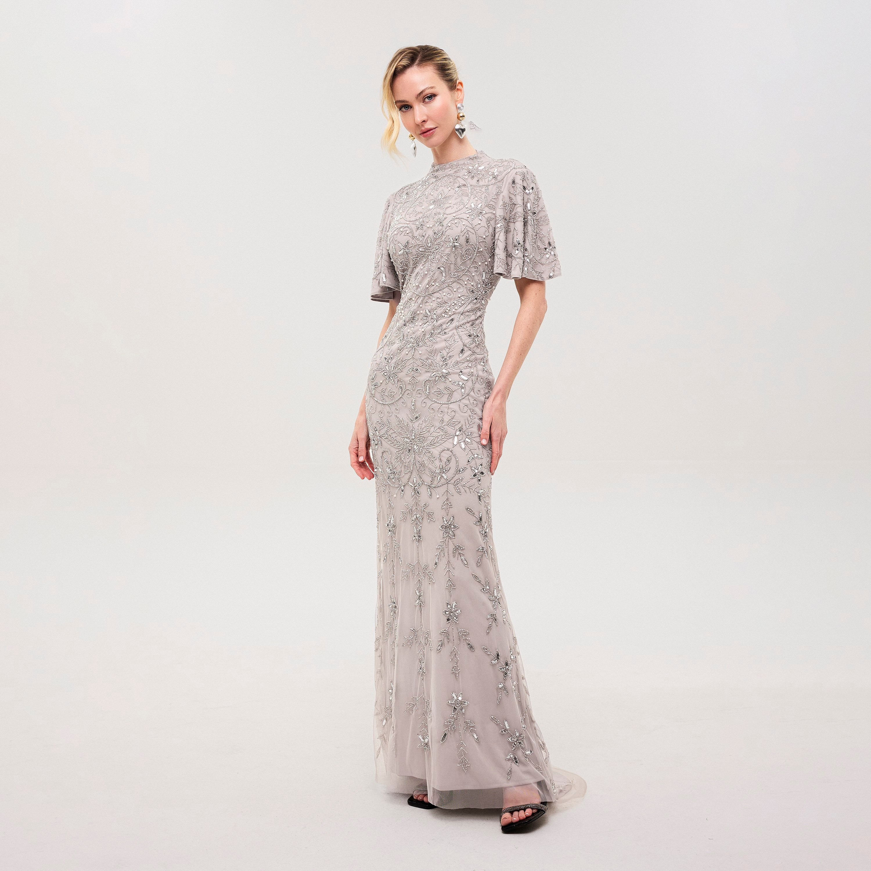 Beauut Muse Grey Beaded & Sequined Tulle Mock Neck Flutter Sleeves Column Women's Evening Maxi Dress-women-clothing-dresses-image-3