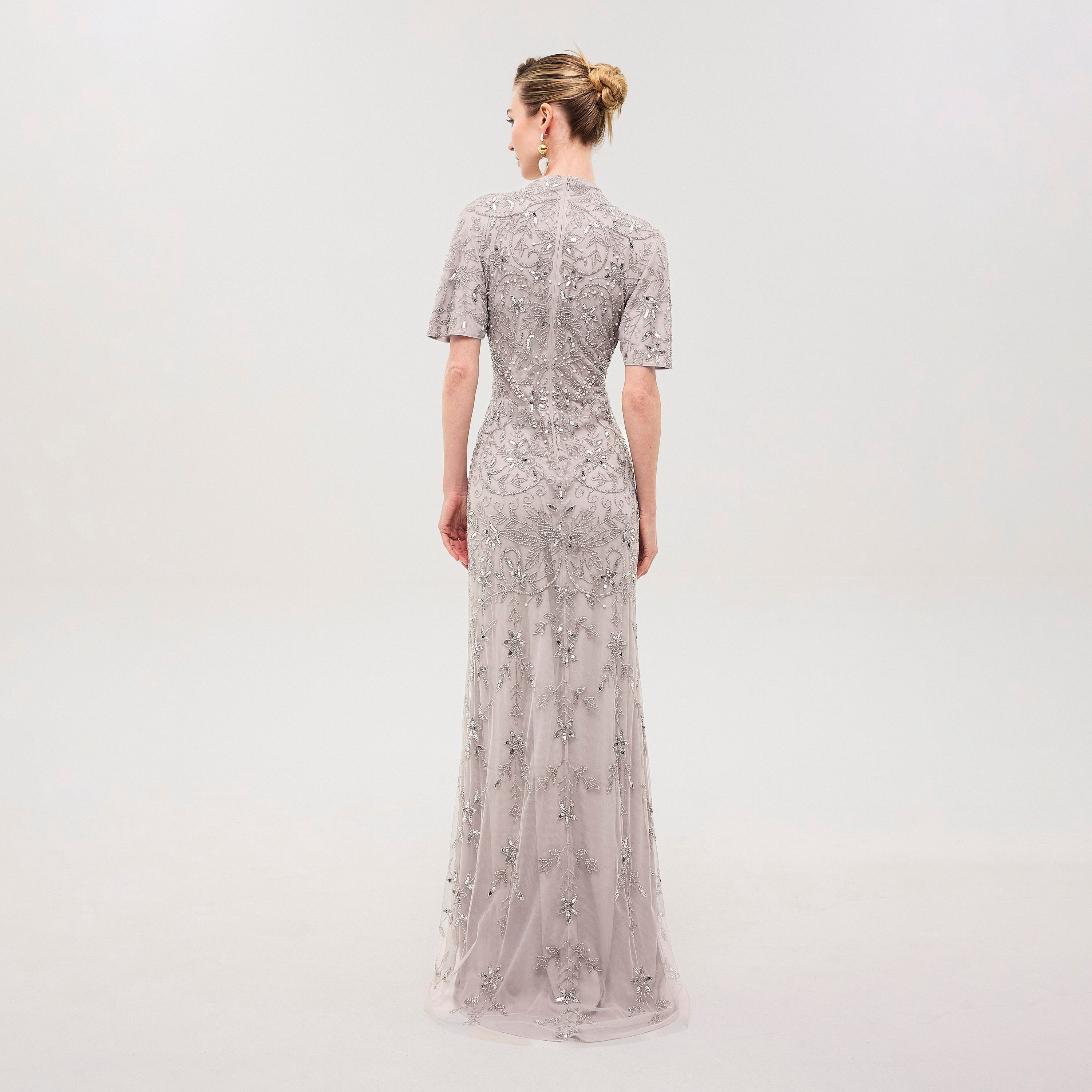 Beauut Muse Grey Beaded & Sequined Tulle Mock Neck Flutter Sleeves Column Women's Evening Maxi Dress-women-clothing-dresses-image-4