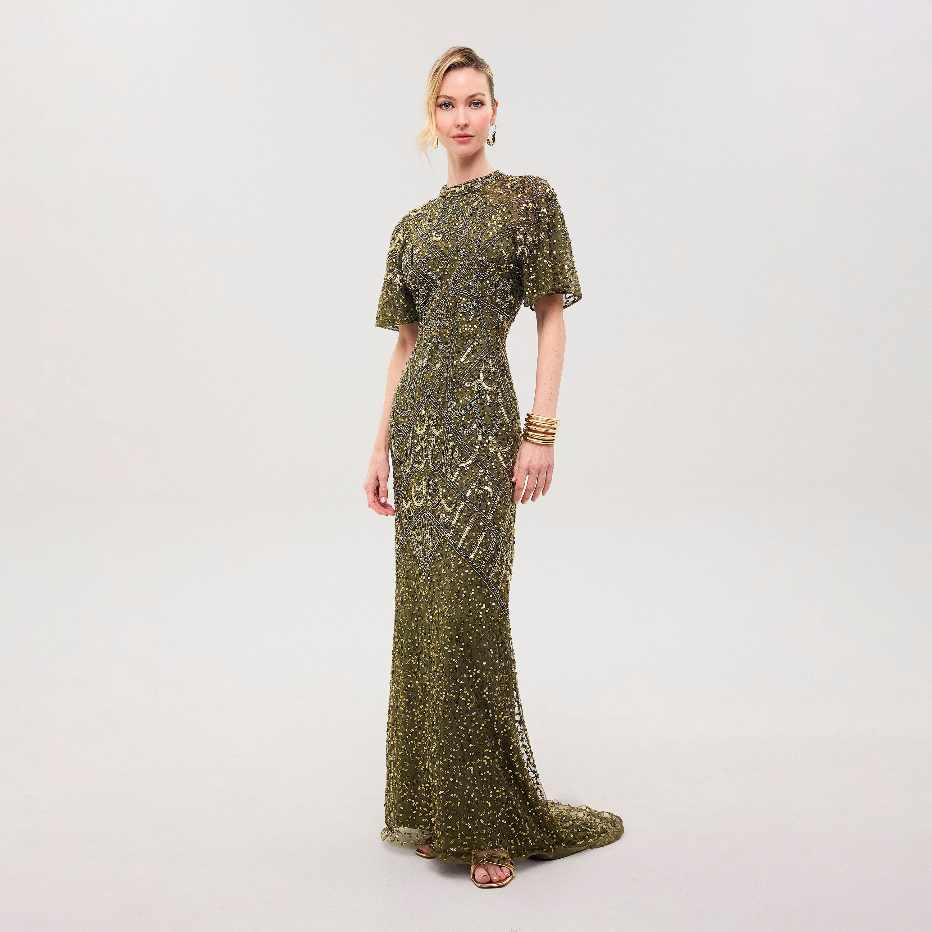 Beauut Ovia Olive Beaded & Sequined Mesh Mock Neck Flutter Sleeves Column Women's Evening Maxi Dress-women-clothing-dresses-image-2