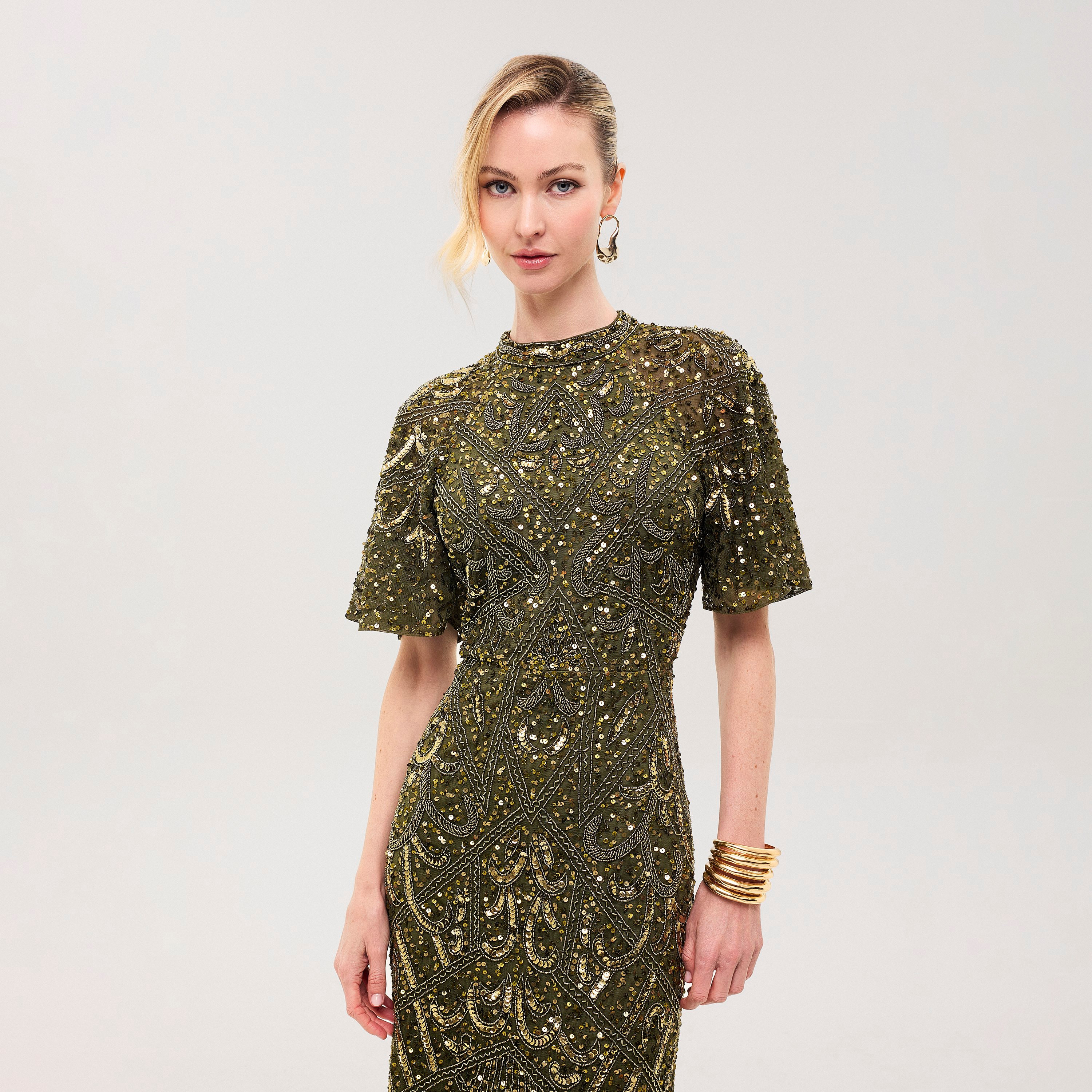 Beauut Ovia Olive Beaded & Sequined Mesh Mock Neck Flutter Sleeves Column Women's Evening Maxi Dress-women-clothing-dresses-image-3