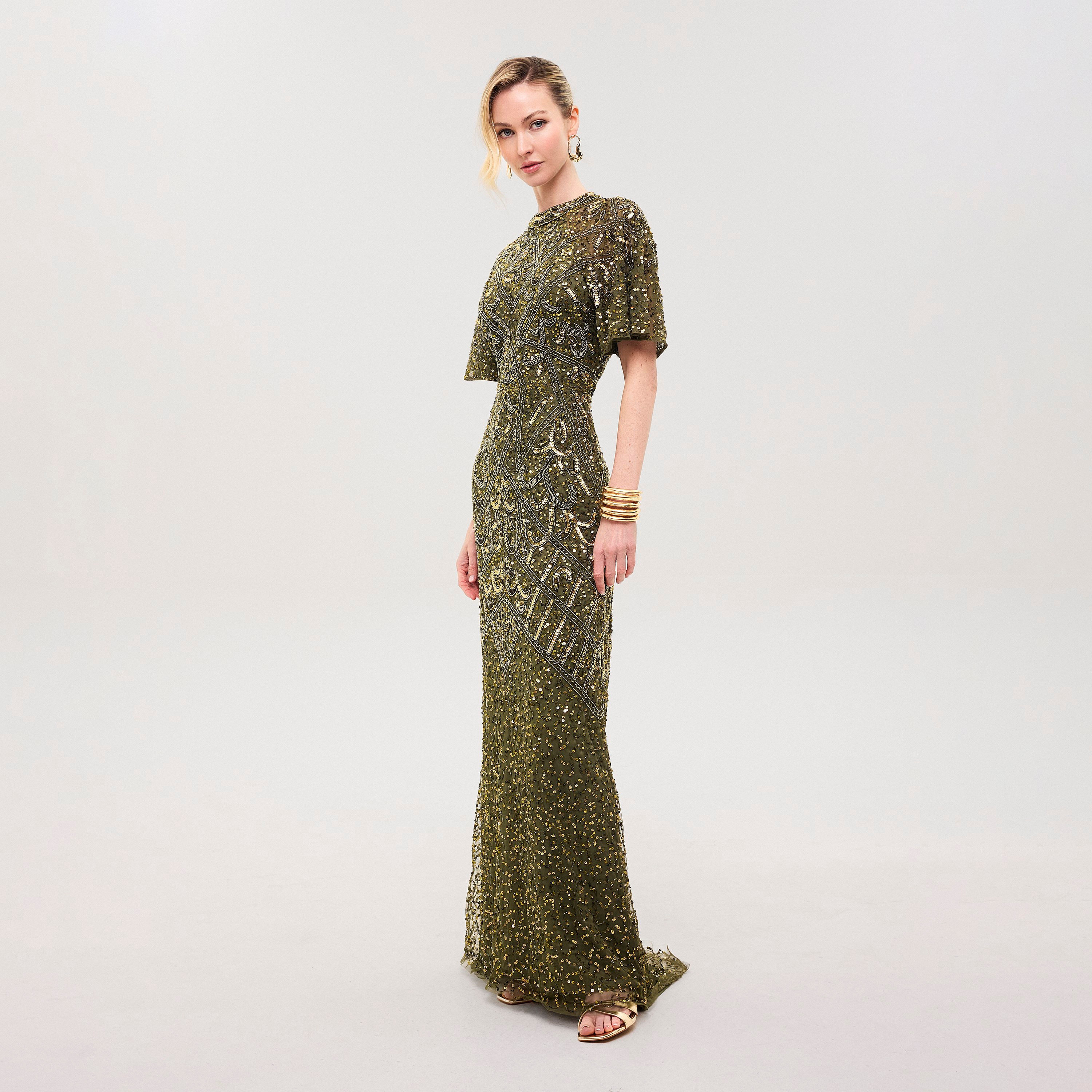 Beauut Ovia Olive Beaded & Sequined Mesh Mock Neck Flutter Sleeves Column Women's Evening Maxi Dress-women-clothing-dresses-image-4