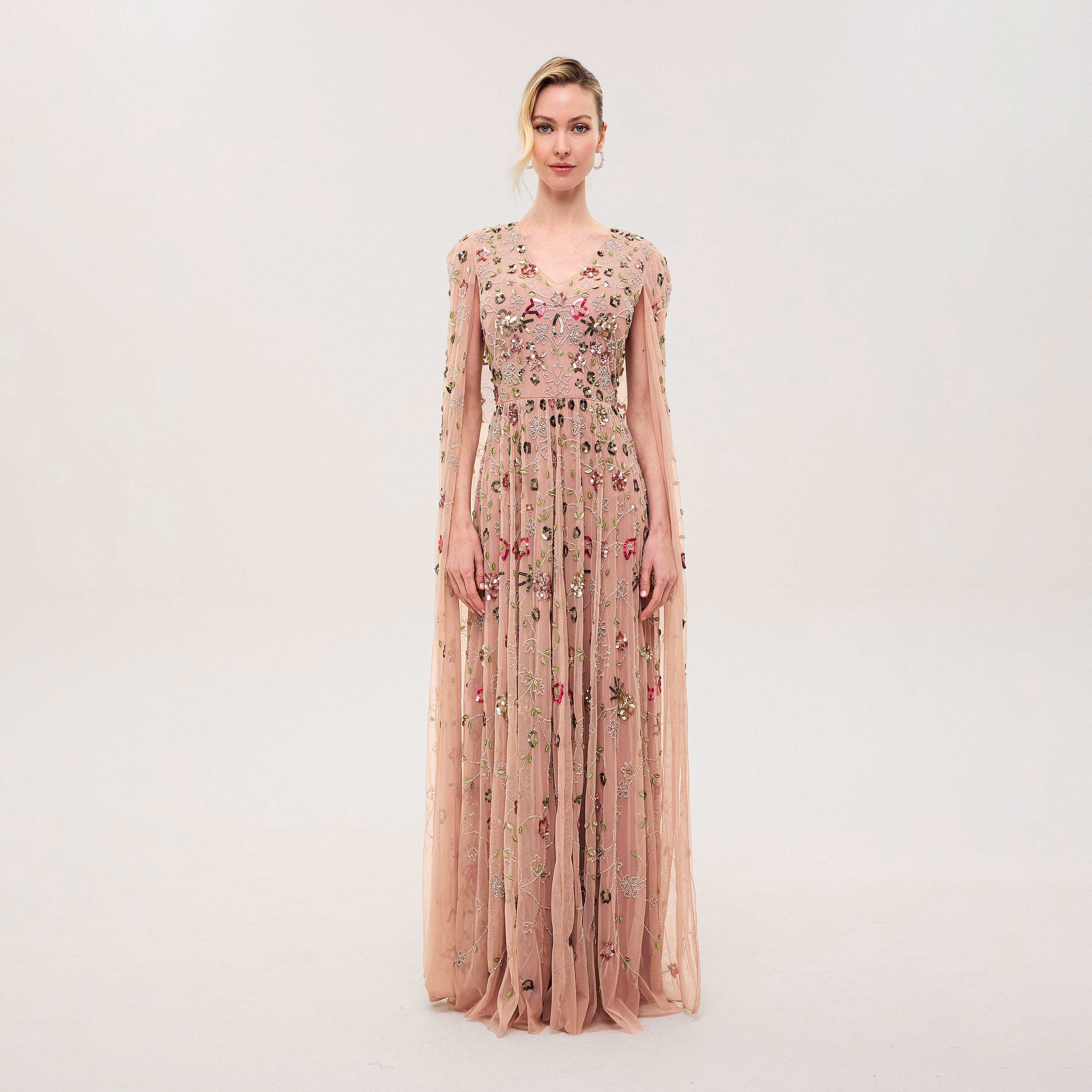 Beauut Zyra Frosted Pink Beaded & Sequined Mesh Cap Sleeves Flared Women's Evening Maxi Dress-women-clothing-dresses-image-2