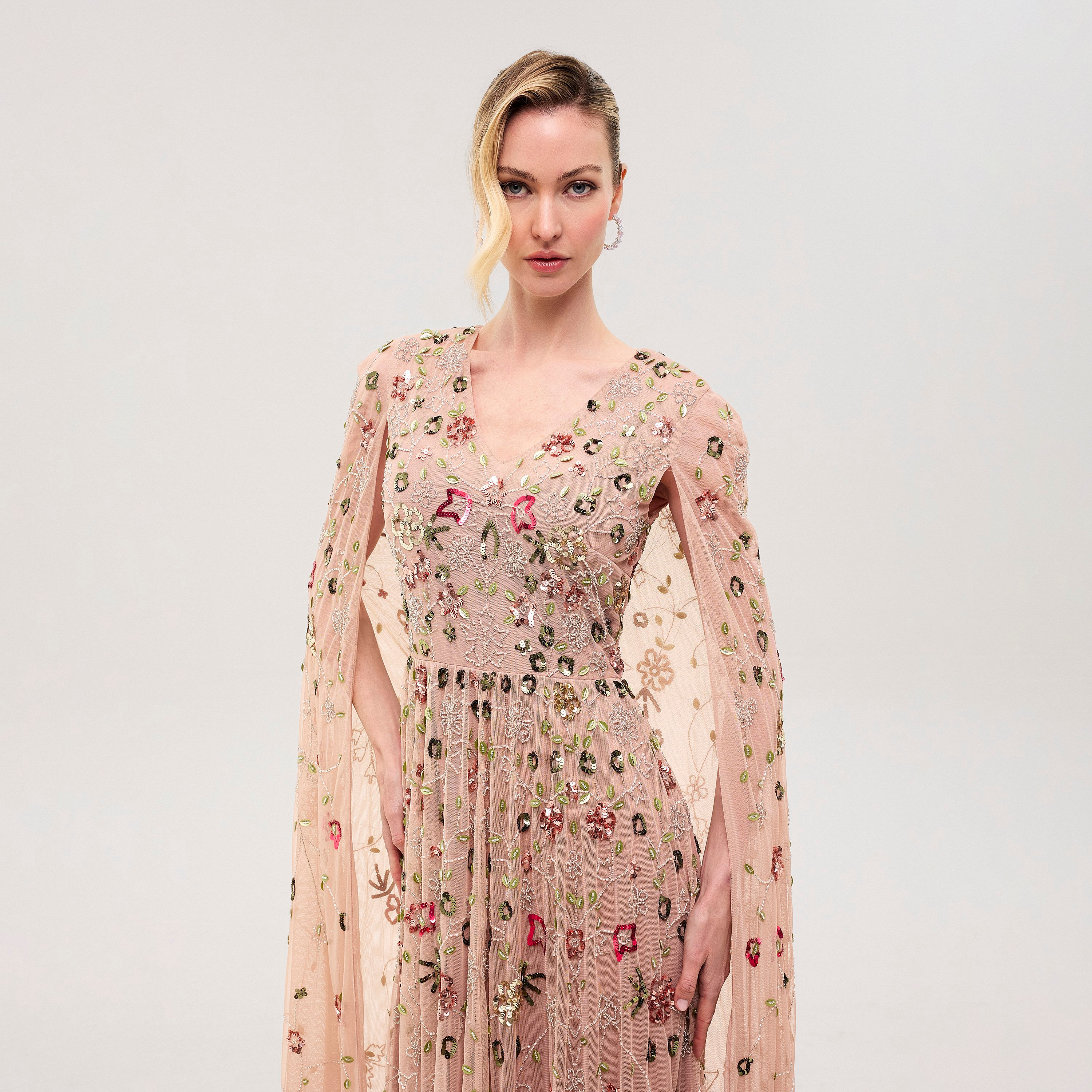 Beauut Zyra Frosted Pink Beaded & Sequined Mesh Cap Sleeves Flared Women's Evening Maxi Dress-women-clothing-dresses-image-3